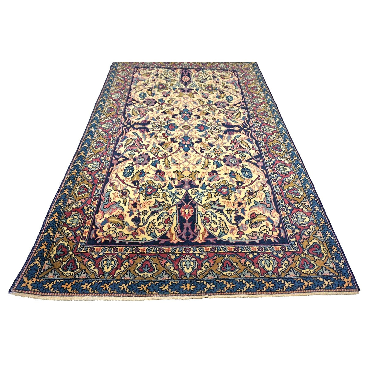 Antique Persian Yazd Wool 4x6 Ivory, Blue & Plum Handmade Area Rug #1144705