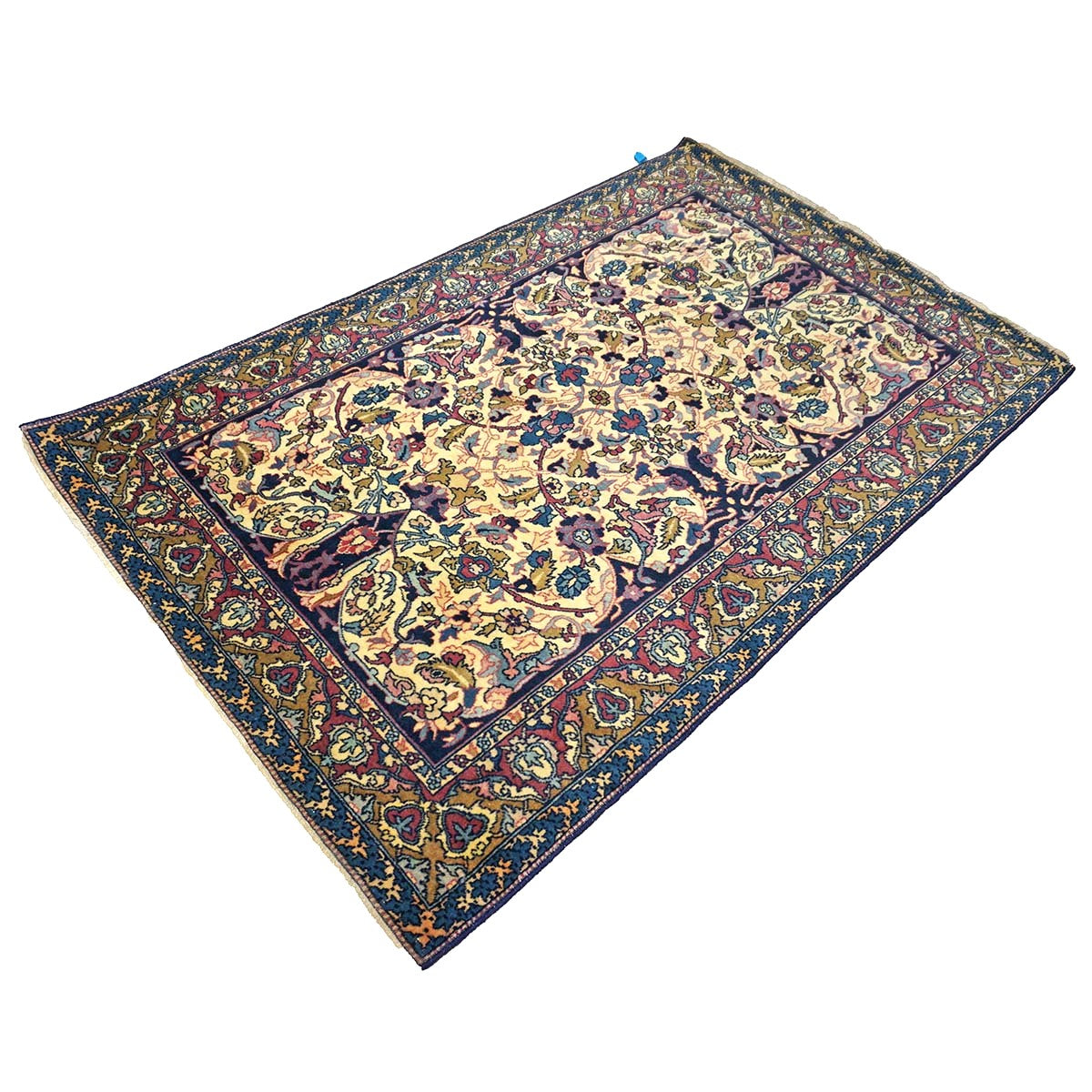 Antique Persian Yazd Wool 4x6 Ivory, Blue & Plum Handmade Area Rug #1144705