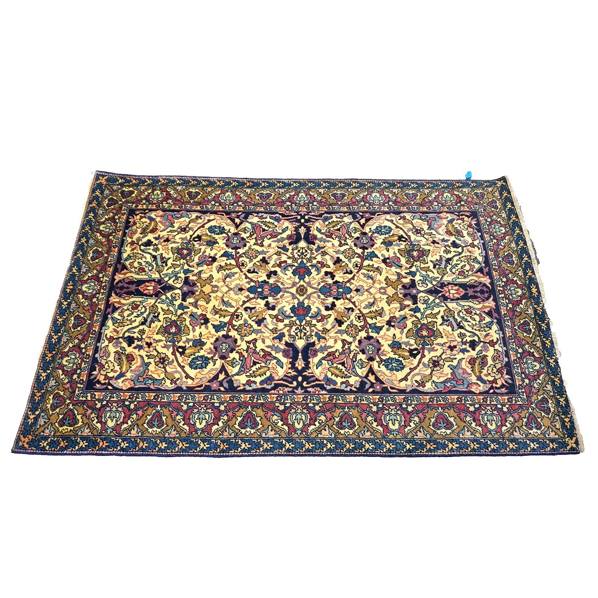 Antique Persian Yazd Wool 4x6 Ivory, Blue & Plum Handmade Area Rug #1144705
