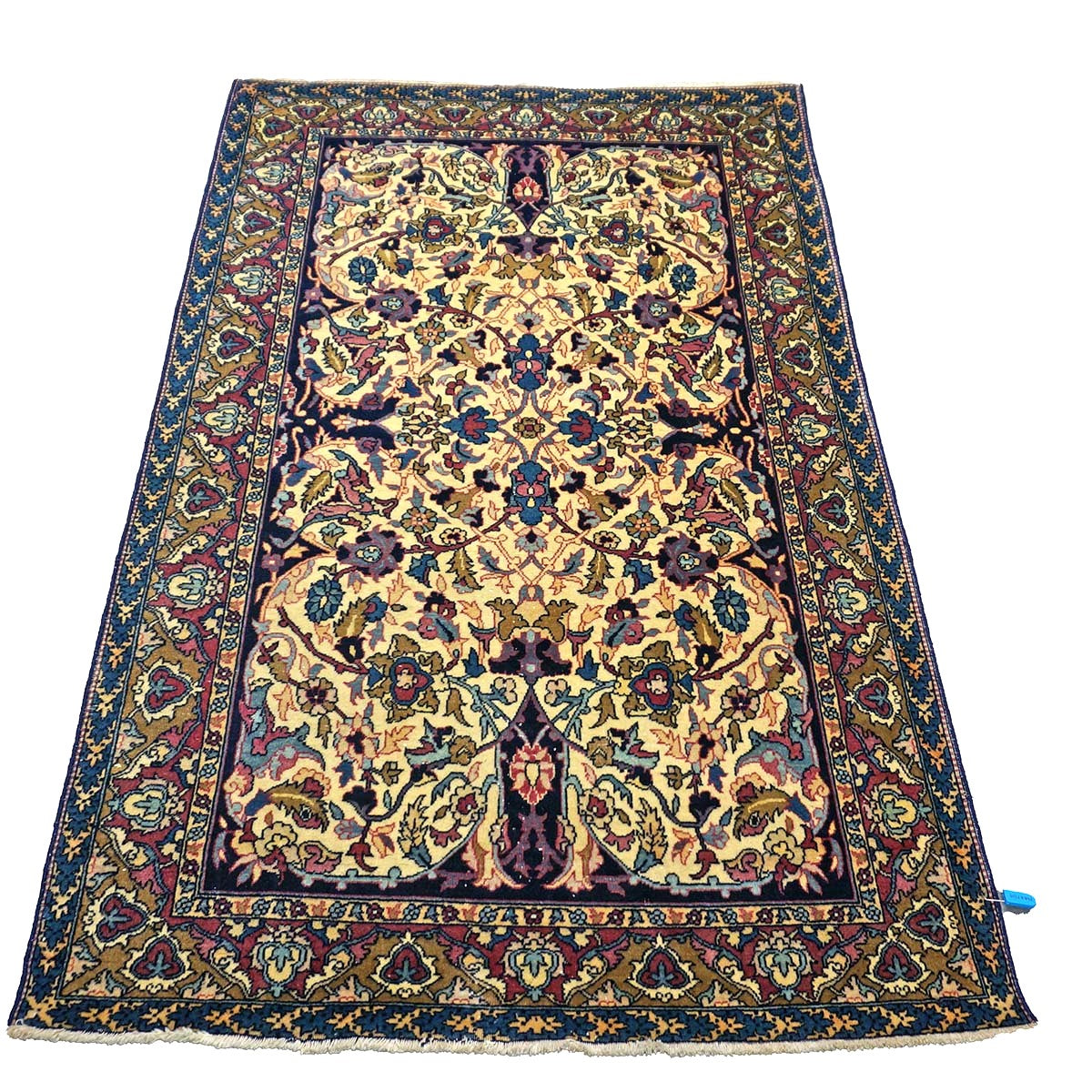 Antique Persian Yazd Wool 4x6 Ivory, Blue & Plum Handmade Area Rug #1144705