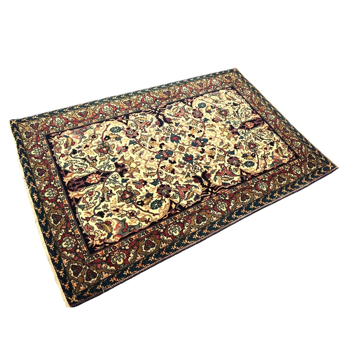Antique Persian Yazd Wool 4x6 Ivory, Blue & Plum Handmade Area Rug #1144705