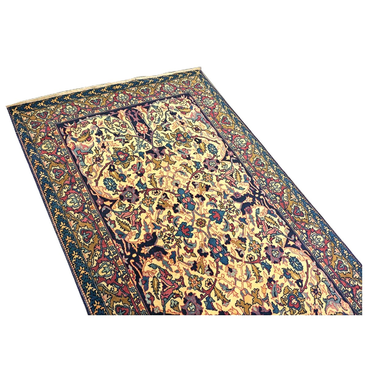Antique Persian Yazd Wool 4x6 Ivory, Blue & Plum Handmade Area Rug #1144705