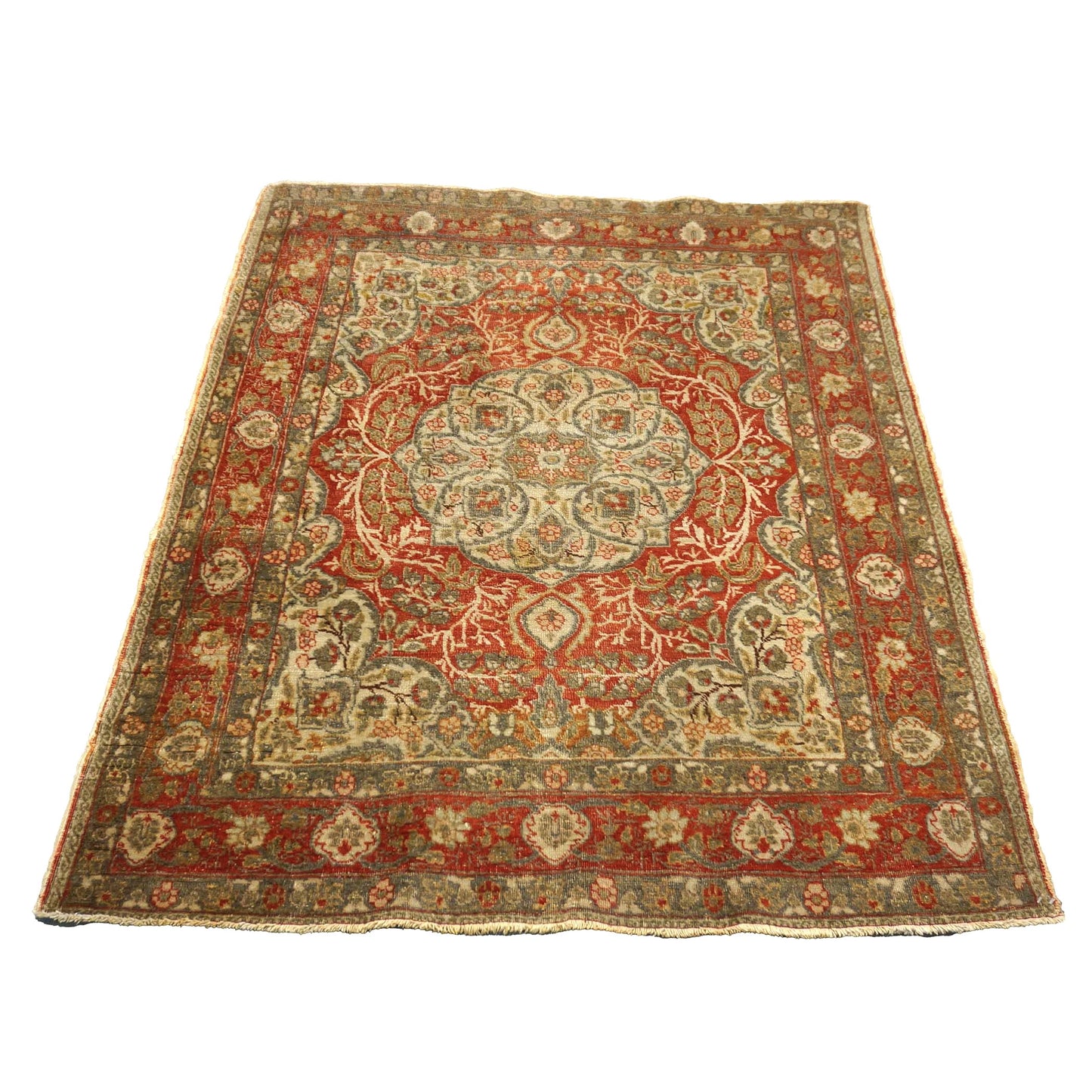 Antique Persian Tabriz Wool 4x5 Ivory & Rust Handmade Area Rug #1144712