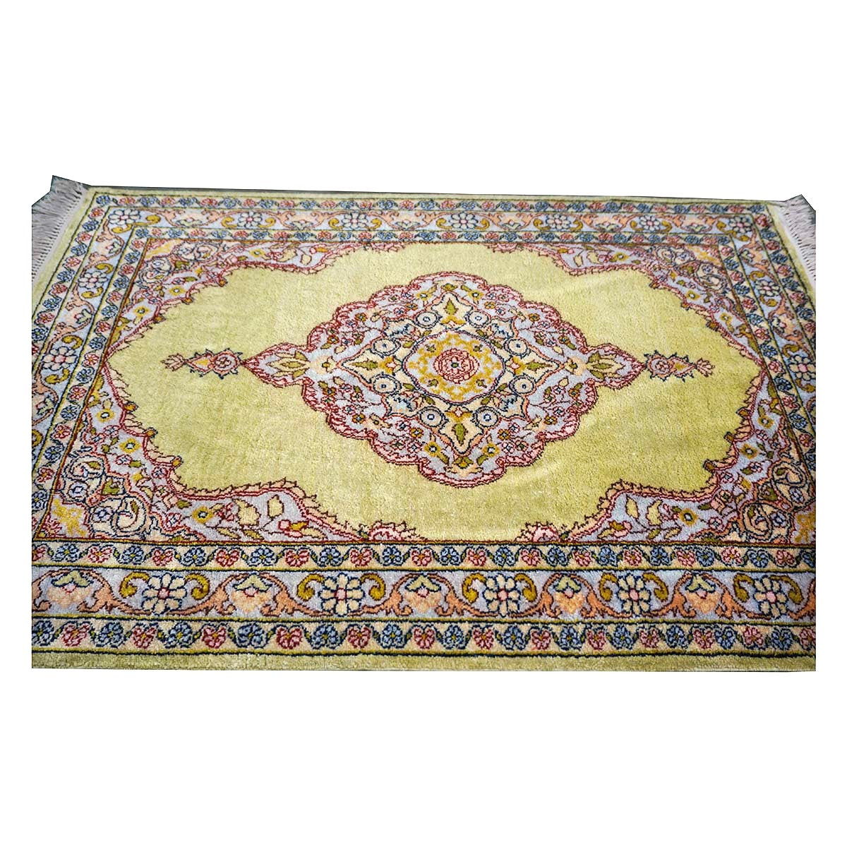 Vintage Kashmir Qum Silk 2x3 Light Green, Red & Blue Handmade Throw Rug #1144717