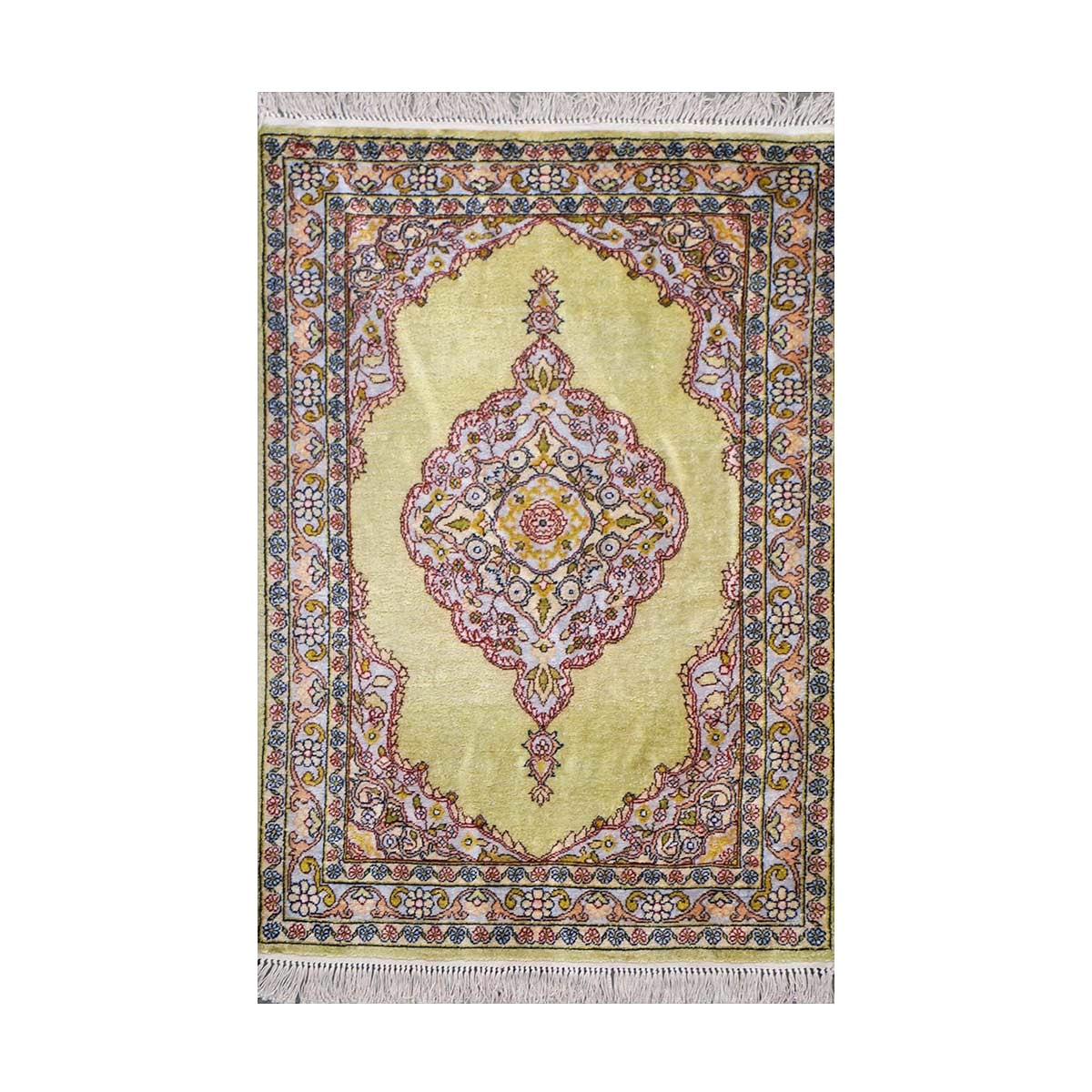 Vintage Kashmir Qum Silk 2x3 Light Green, Red & Blue Handmade Throw Rug #1144717