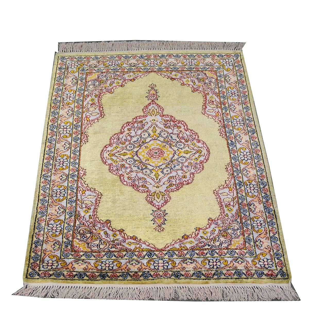 Vintage Kashmir Qum Silk 2x3 Light Green, Red & Blue Handmade Throw Rug #1144717