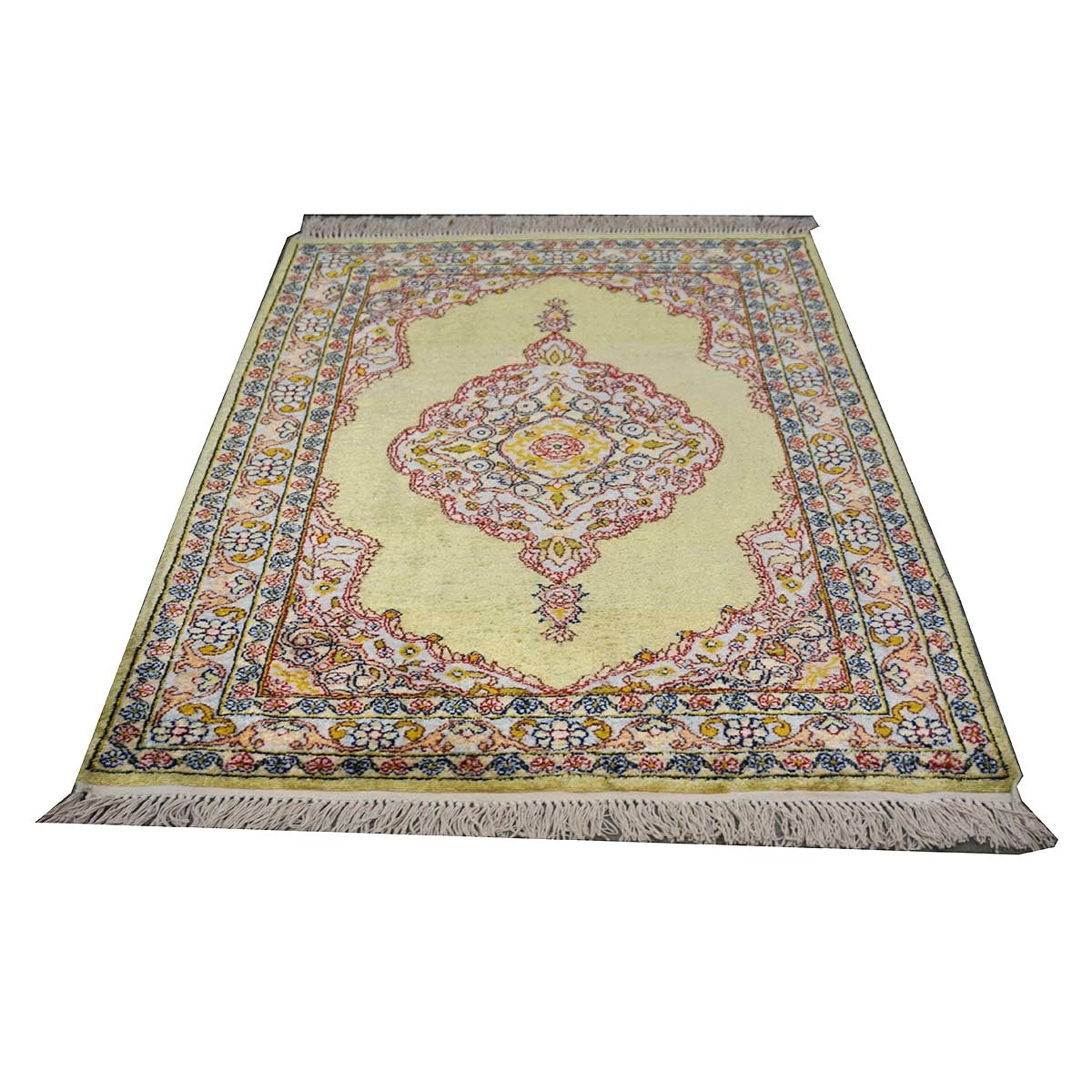 Vintage Kashmir Qum Silk 2x3 Light Green, Red & Blue Handmade Throw Rug #1144717