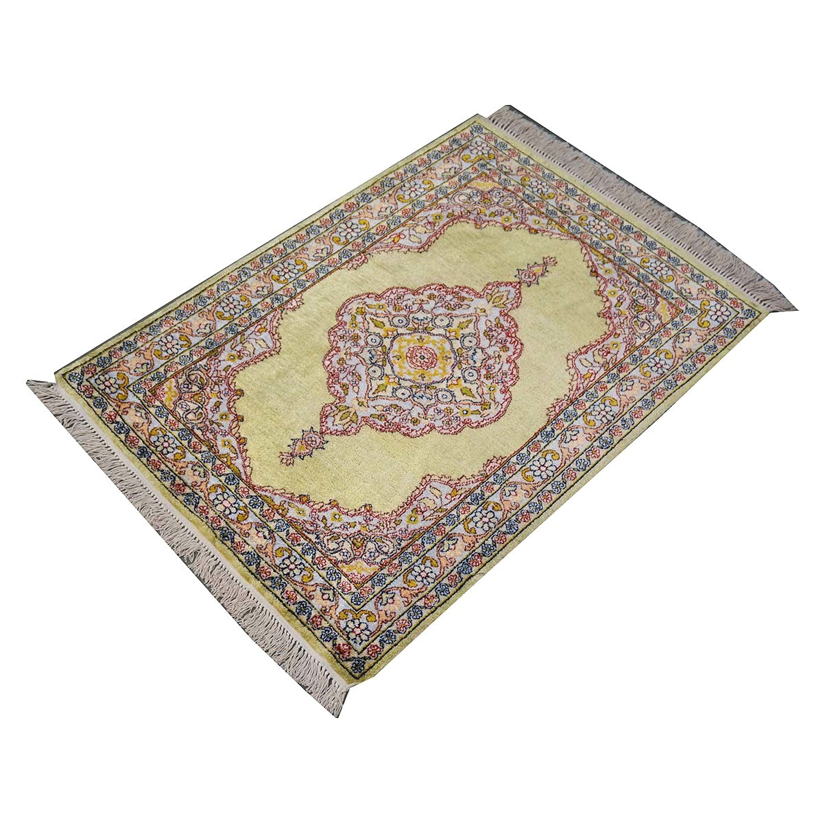 Vintage Kashmir Qum Silk 2x3 Light Green, Red & Blue Handmade Throw Rug #1144717