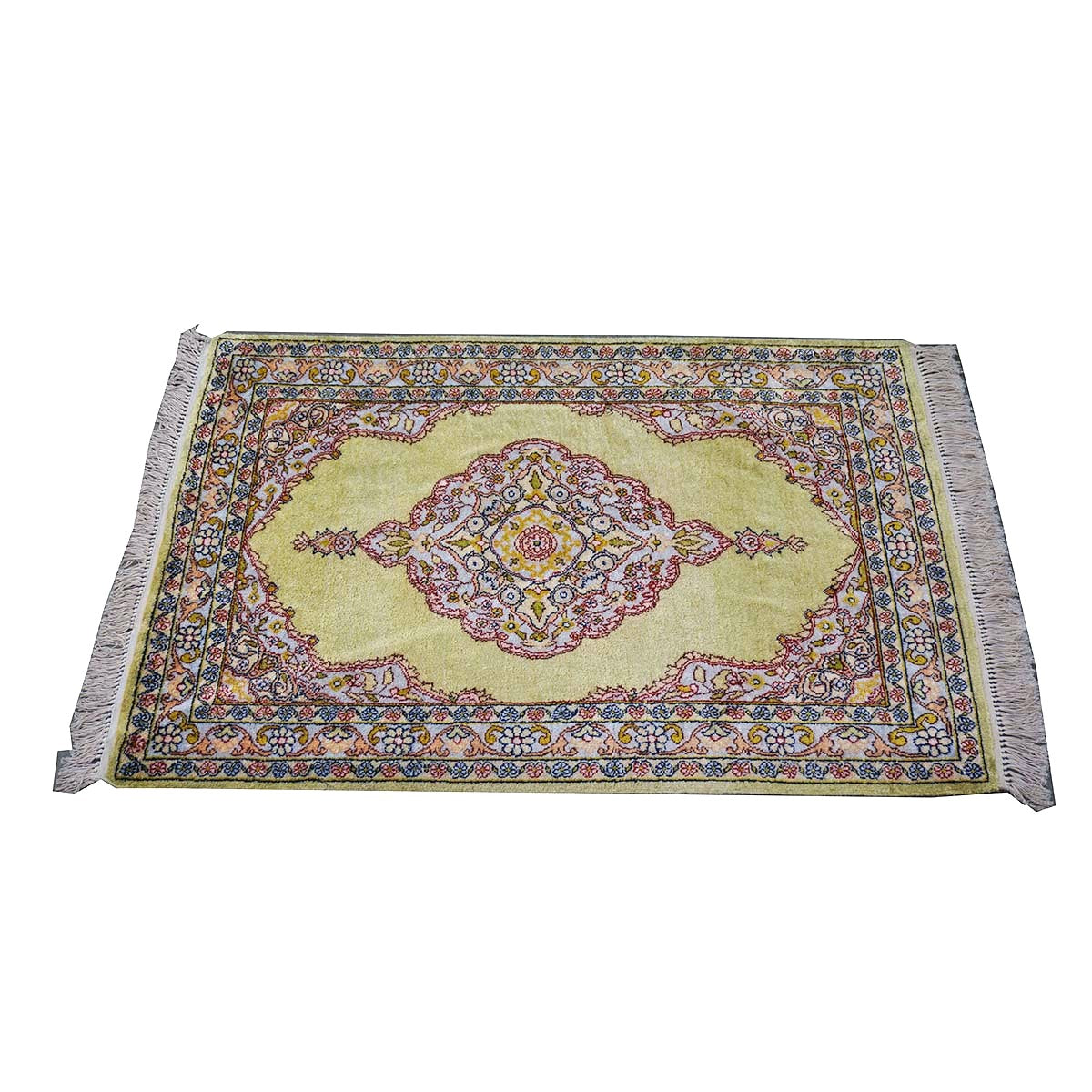 Vintage Kashmir Qum Silk 2x3 Light Green, Red & Blue Handmade Throw Rug #1144717