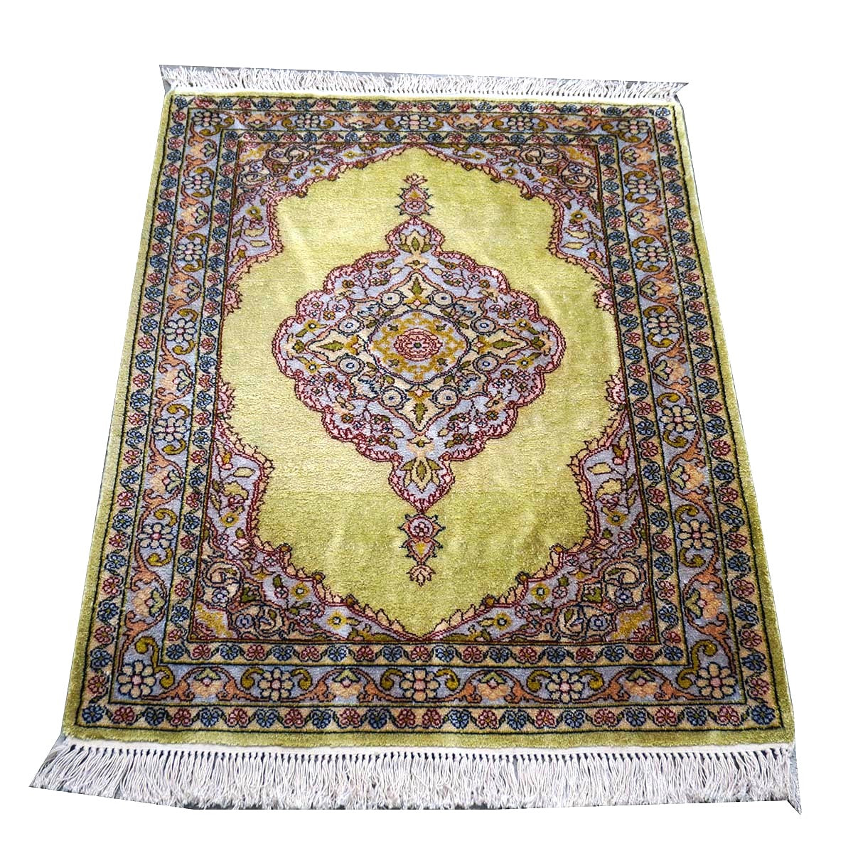 Vintage Kashmir Qum Silk 2x3 Light Green, Red & Blue Handmade Throw Rug #1144717
