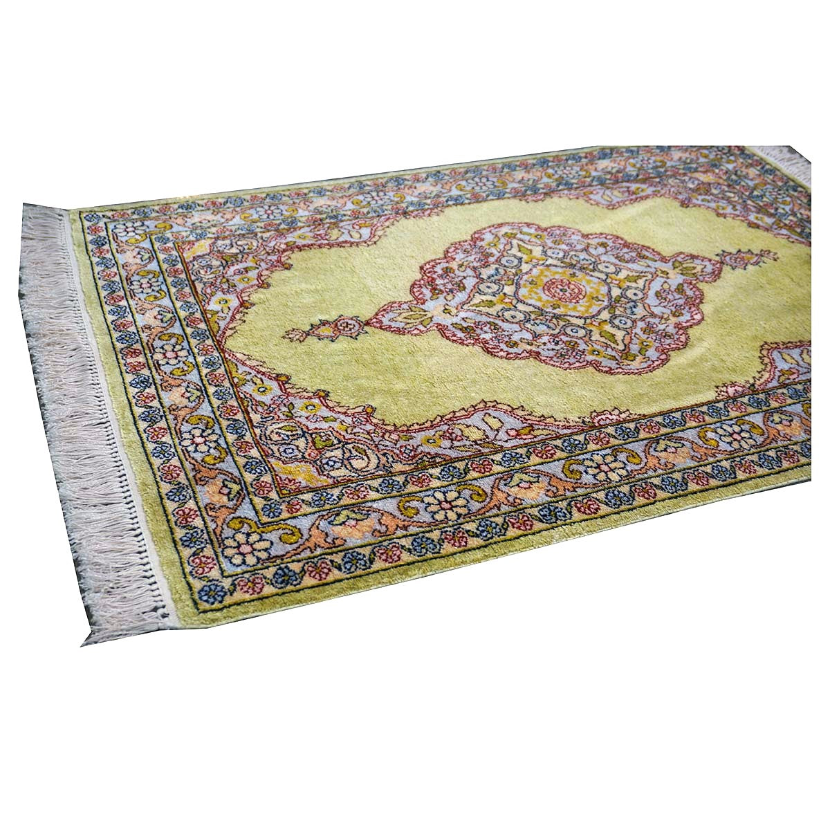 Vintage Kashmir Qum Silk 2x3 Light Green, Red & Blue Handmade Throw Rug #1144717