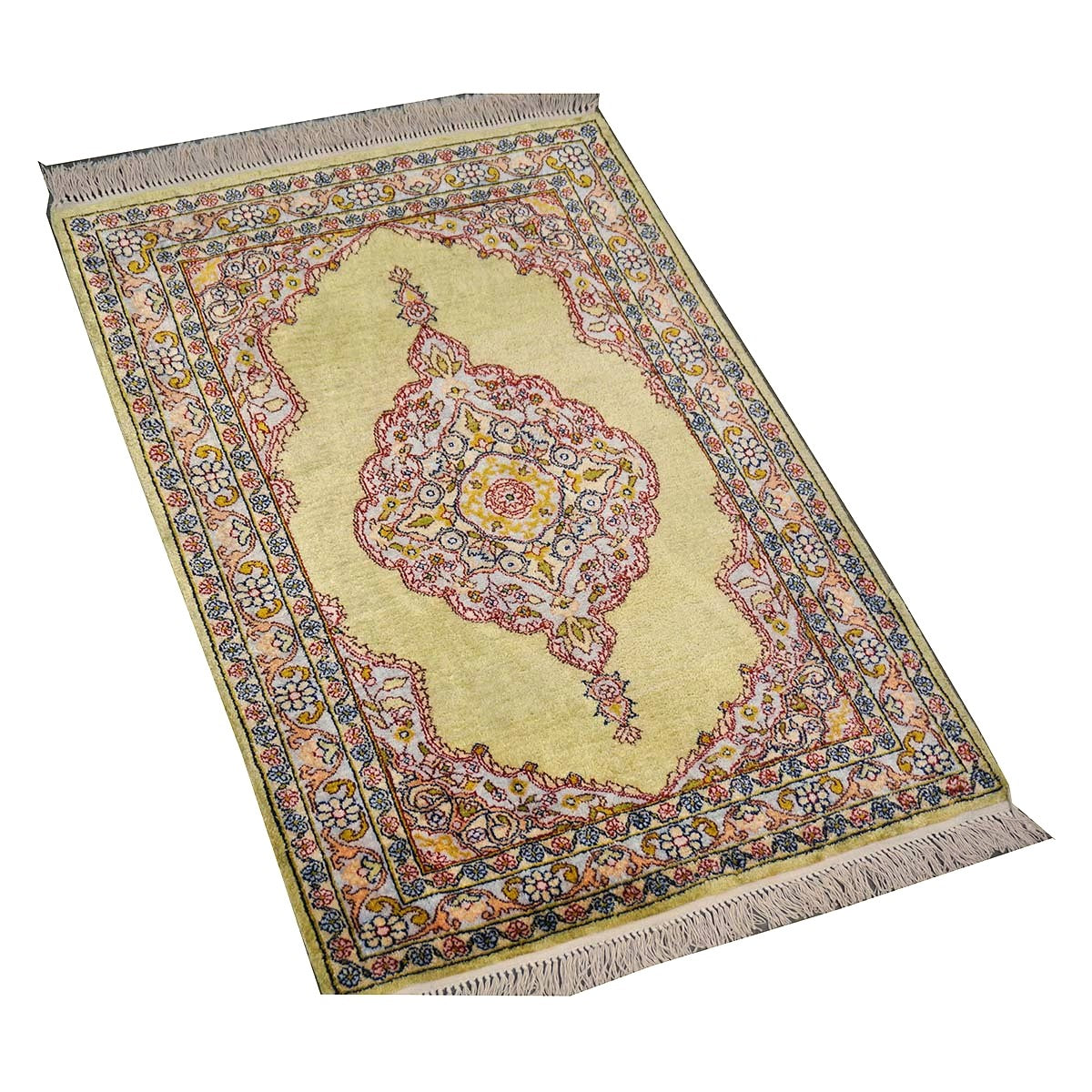 Vintage Kashmir Qum Silk 2x3 Light Green, Red & Blue Handmade Throw Rug #1144717