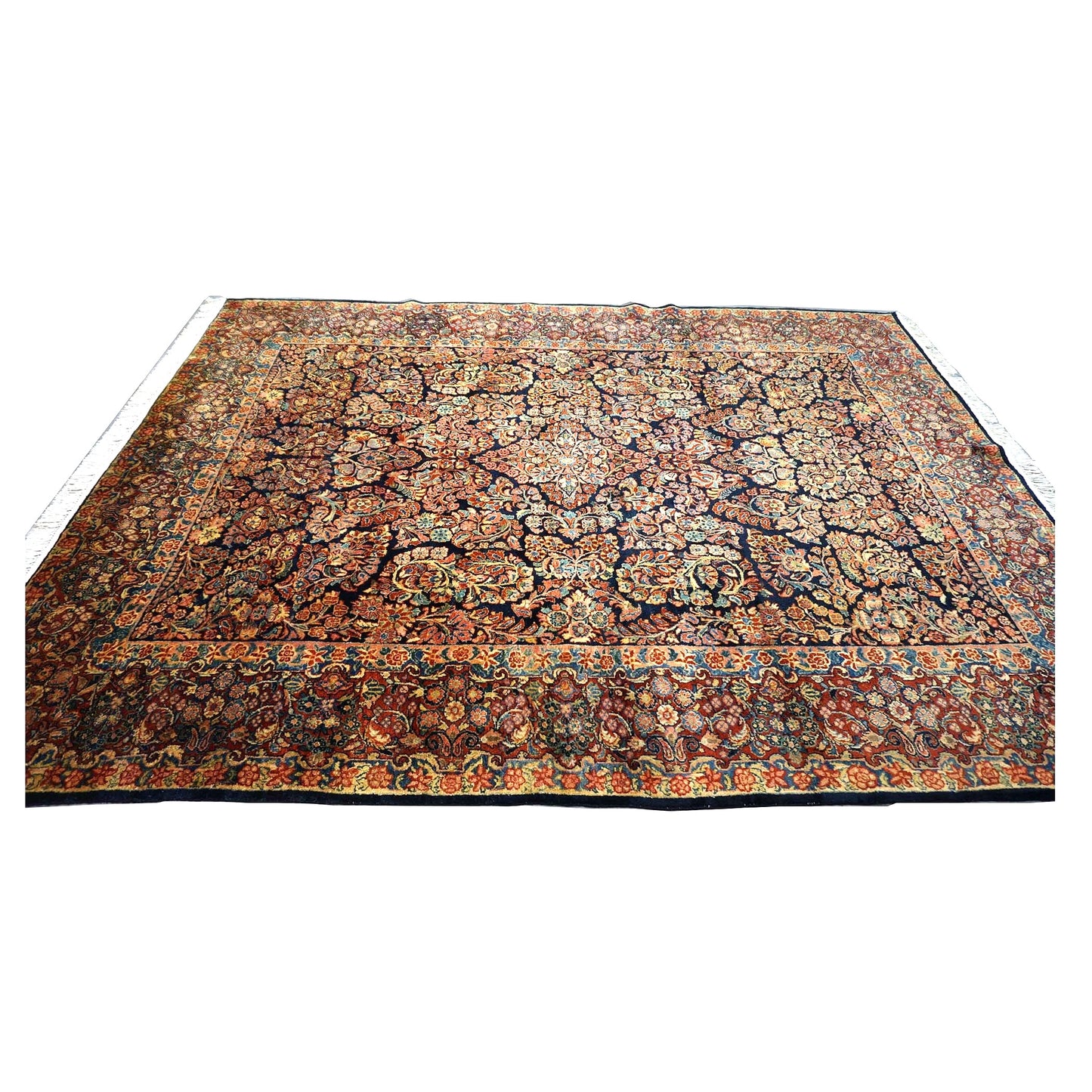 Persian Sarouk Wool 9x12 Navy, Ivory & Pink Handmade Area Rug # 1144720