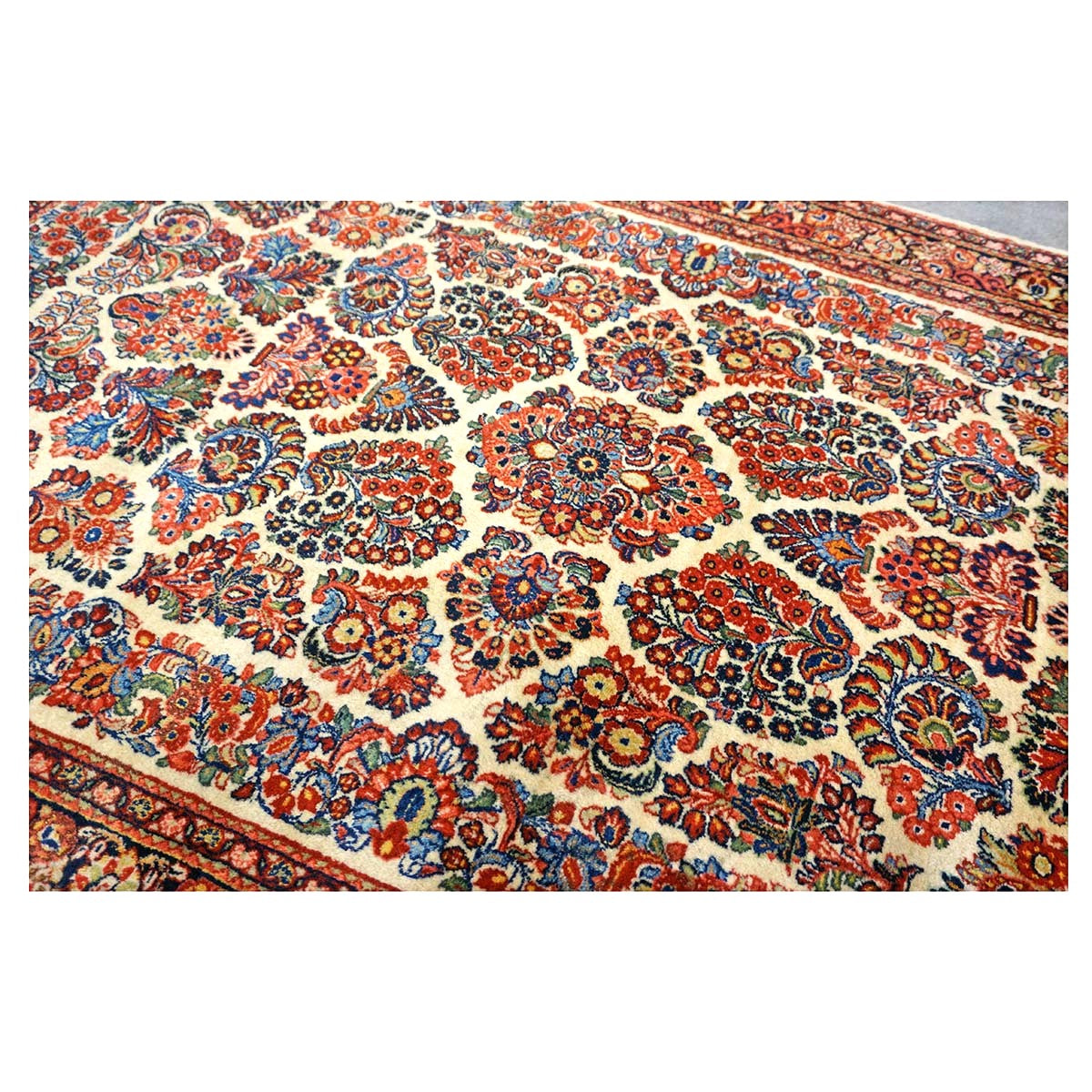 Antique Persian Sarouk Wool 4x7 Ivory, Red & Blue Handmade Area Rug  #1144726