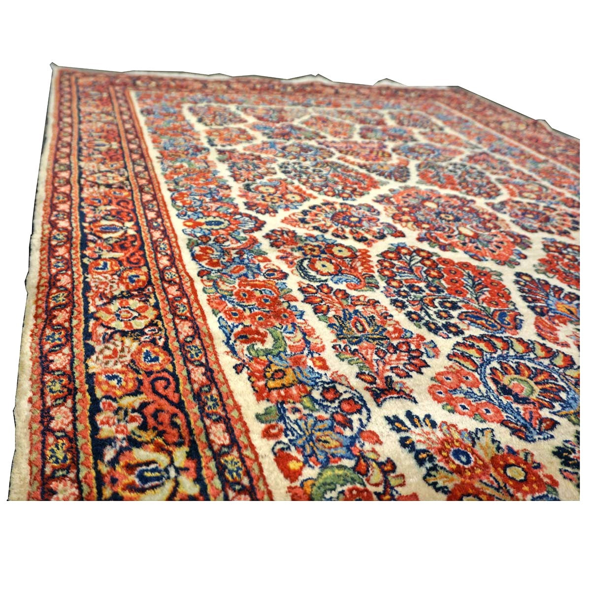 Antique Persian Sarouk Wool 4x7 Ivory, Red & Blue Handmade Area Rug  #1144726