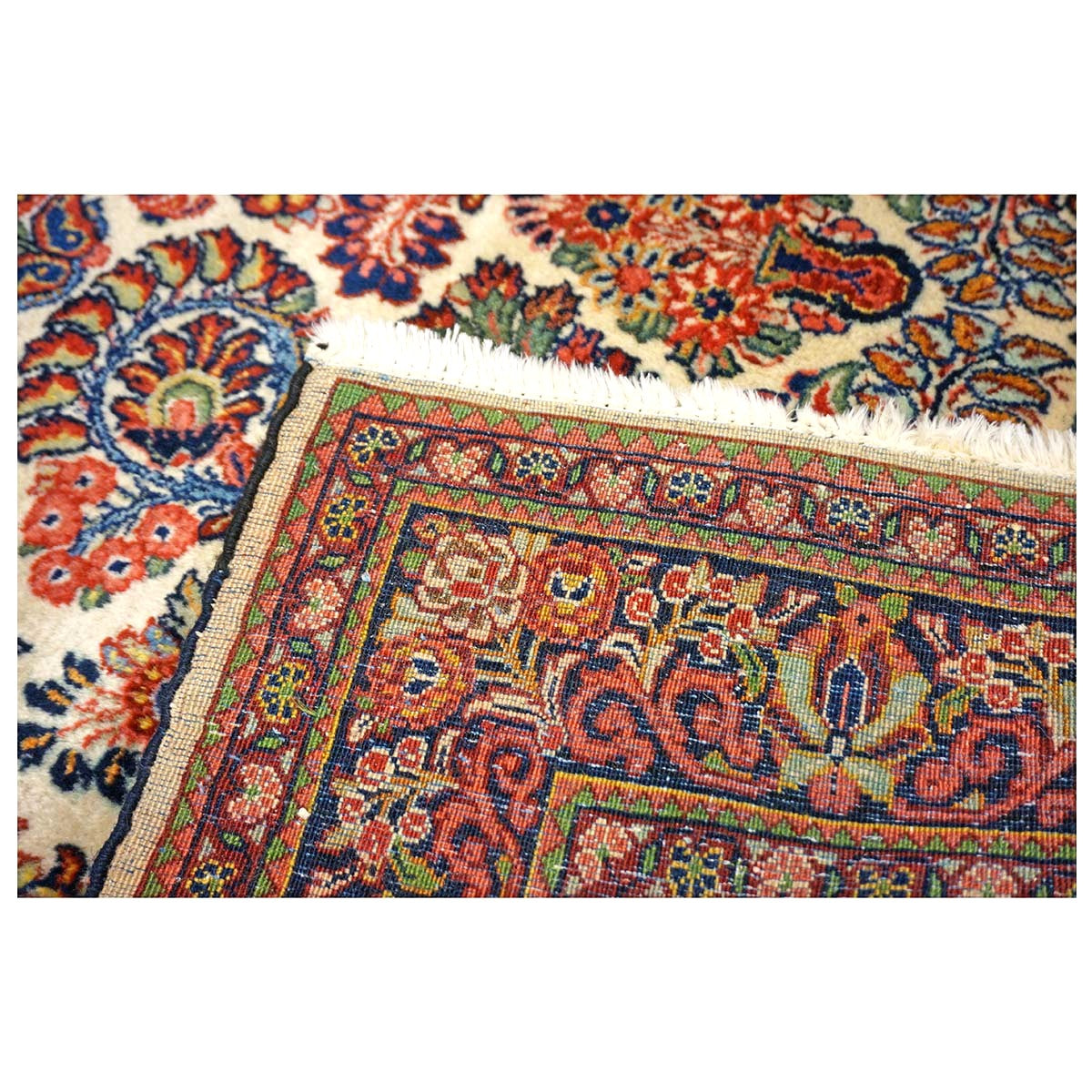 Antique Persian Sarouk Wool 4x7 Ivory, Red & Blue Handmade Area Rug  #1144726