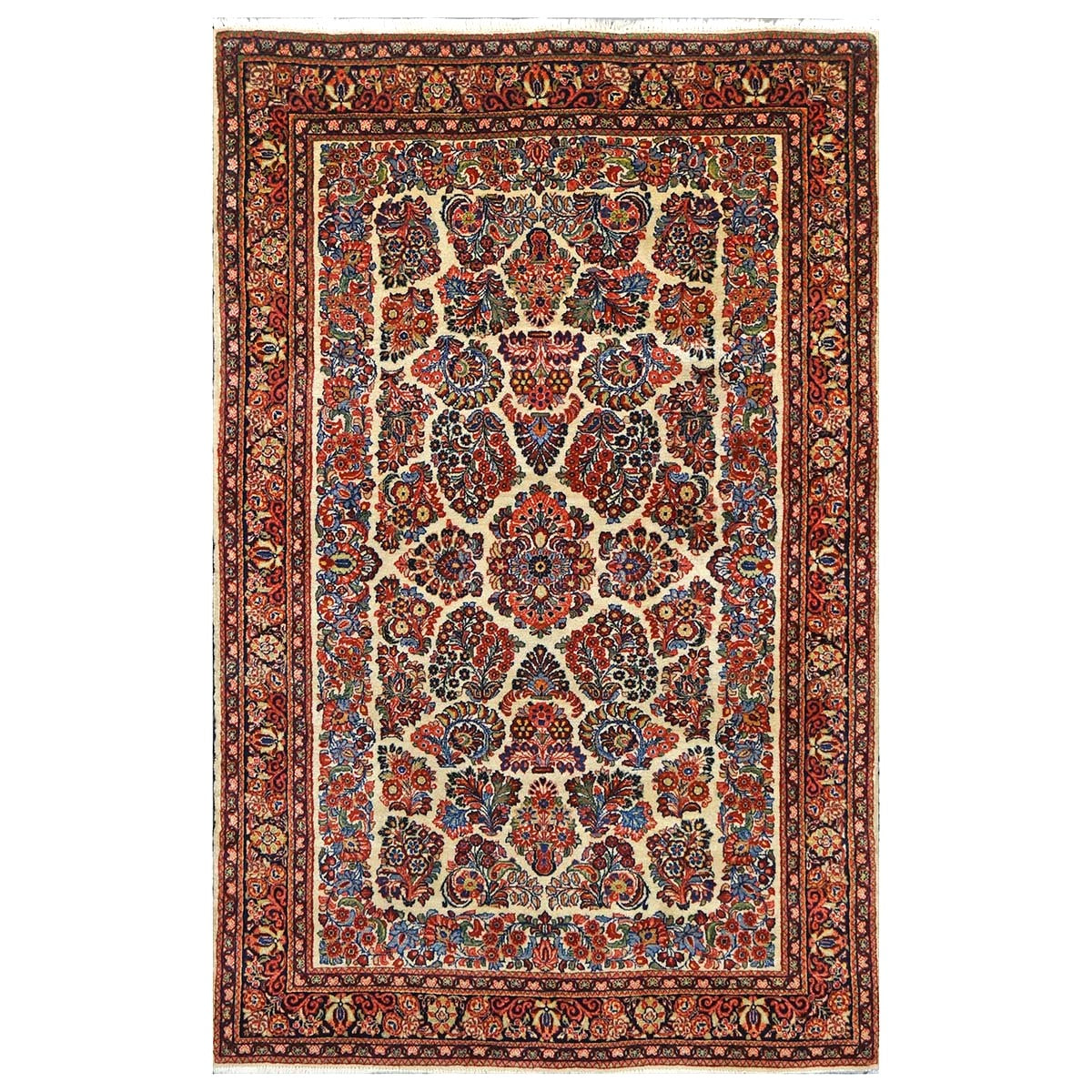 Antique Persian Sarouk Wool 4x7 Ivory, Red & Blue Handmade Area Rug  #1144726