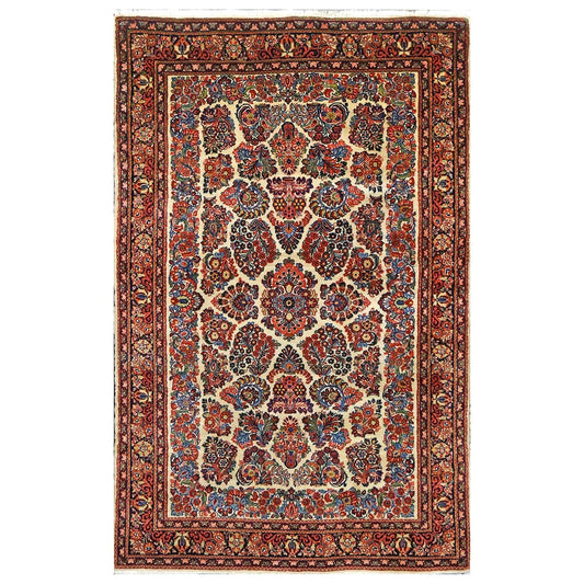 Antique Persian Sarouk Wool 4x7 Ivory, Red & Blue Handmade Area Rug  #1144726