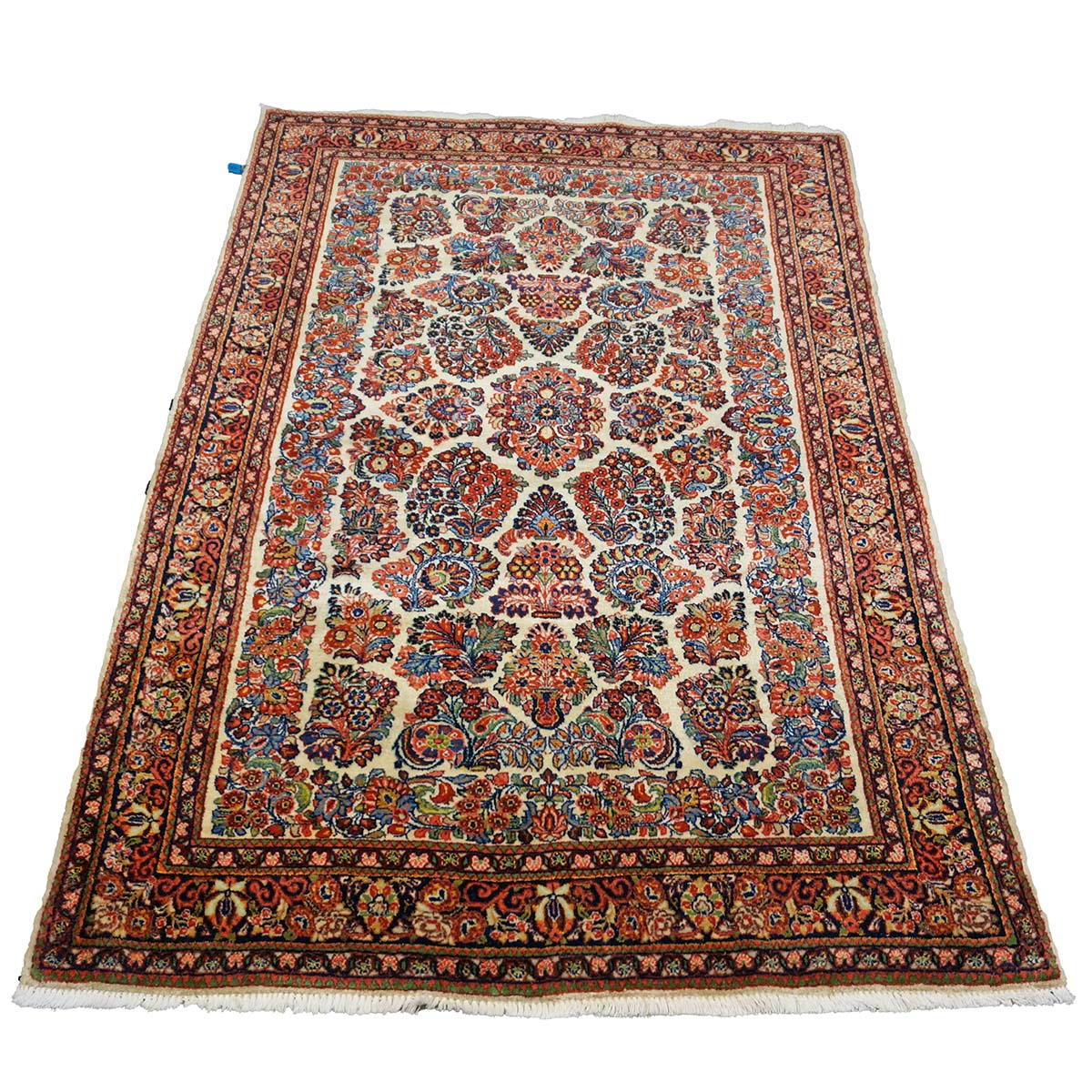 Antique Persian Sarouk Wool 4x7 Ivory, Red & Blue Handmade Area Rug  #1144726