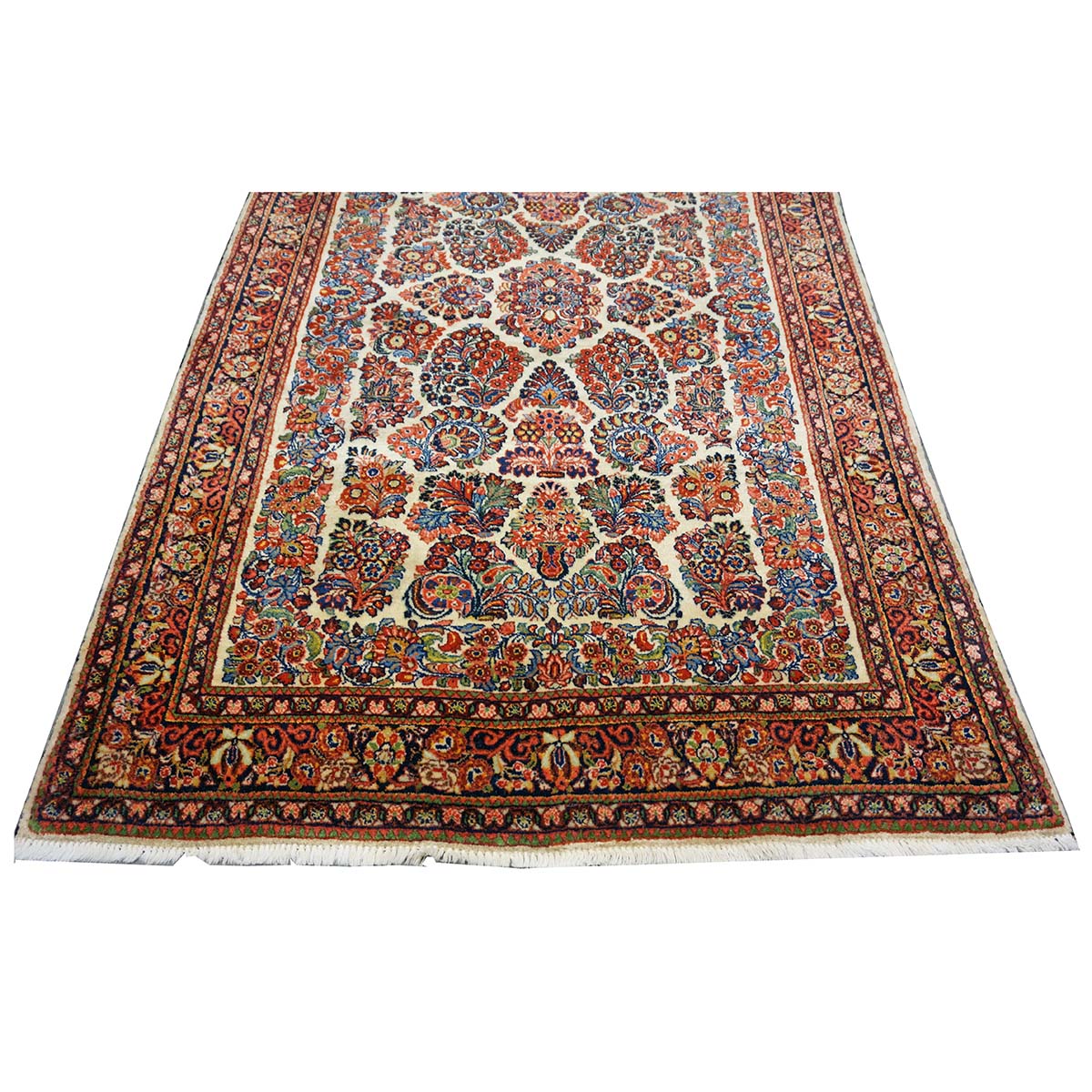 Antique Persian Sarouk Wool 4x7 Ivory, Red & Blue Handmade Area Rug  #1144726