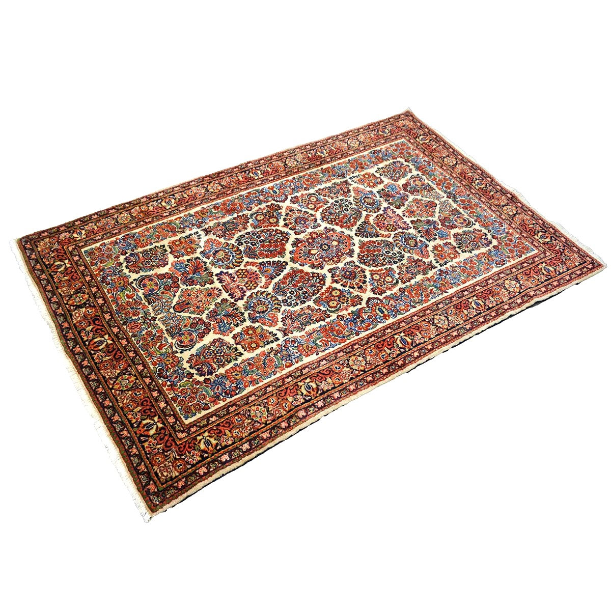 Antique Persian Sarouk Wool 4x7 Ivory, Red & Blue Handmade Area Rug  #1144726