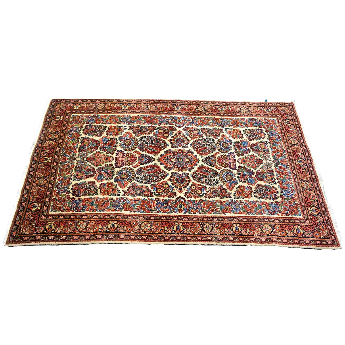Antique Persian Sarouk Wool 4x7 Ivory, Red & Blue Handmade Area Rug  #1144726