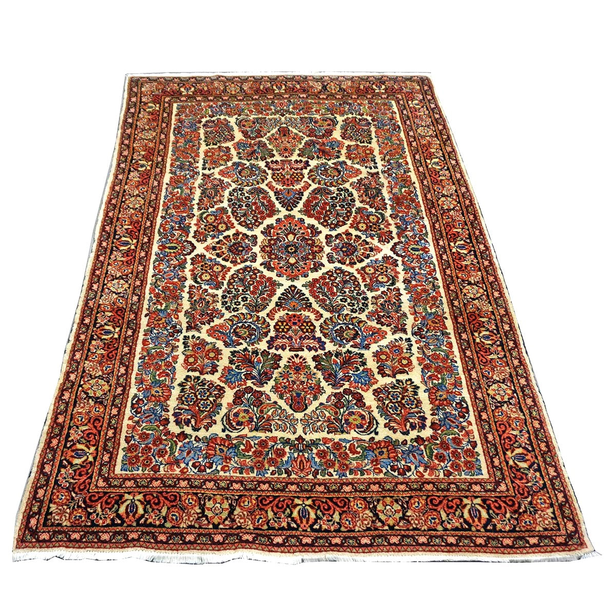 Antique Persian Sarouk Wool 4x7 Ivory, Red & Blue Handmade Area Rug  #1144726