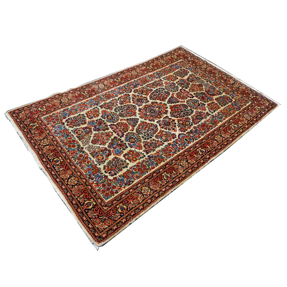 Antique Persian Sarouk Wool 4x7 Ivory, Red & Blue Handmade Area Rug  #1144726