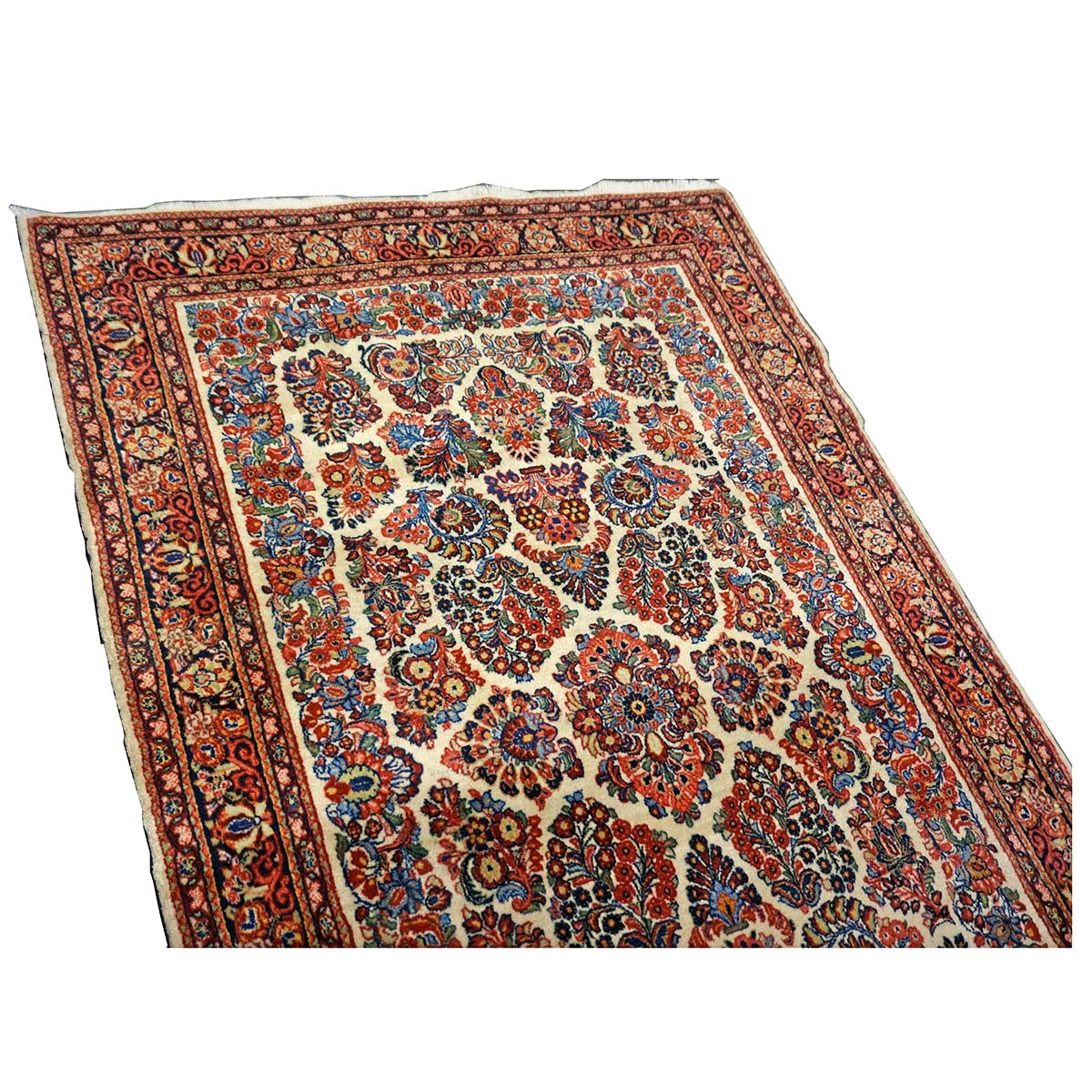 Antique Persian Sarouk Wool 4x7 Ivory, Red & Blue Handmade Area Rug  #1144726