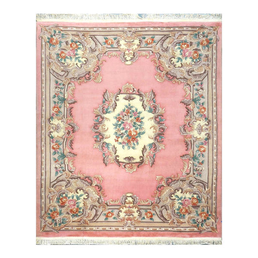 Chinese Abusson Wool 8x10 Pink, Ivory & Mauve Handmade Area Rug #1144727