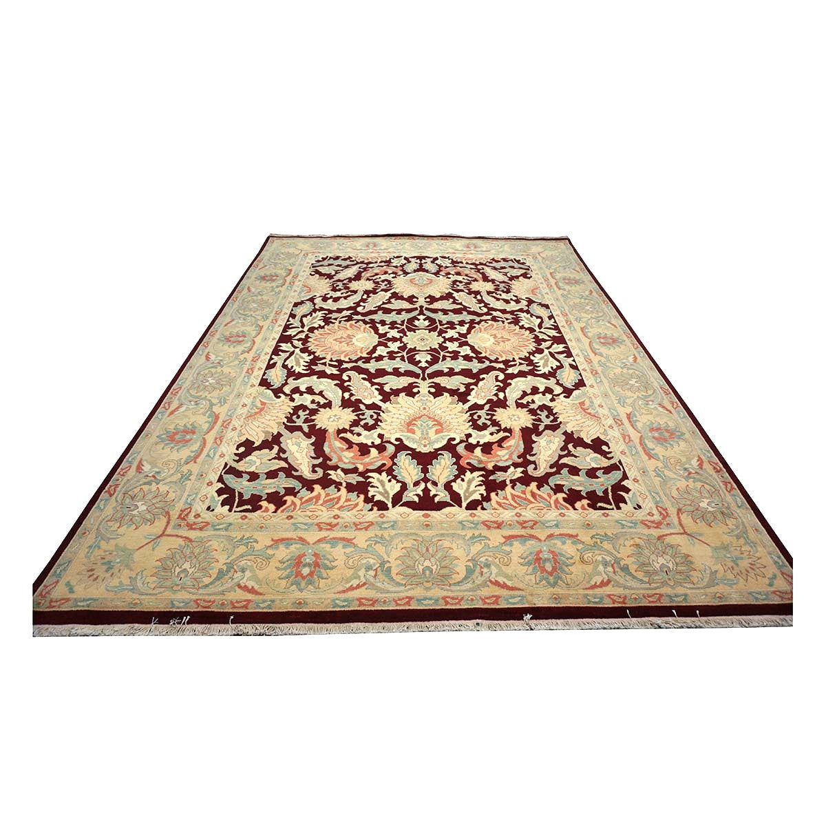 Chinese Oushak Wool 9x12 Burgundy & Tan Handmade Area Rug #1144729