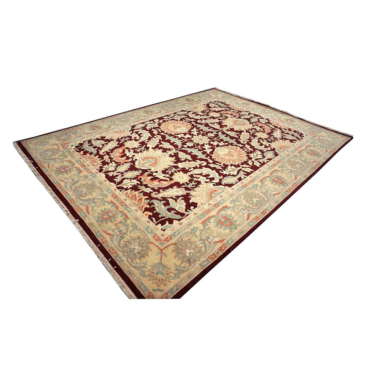 Chinese Oushak Wool 9x12 Burgundy & Tan Handmade Area Rug #1144729
