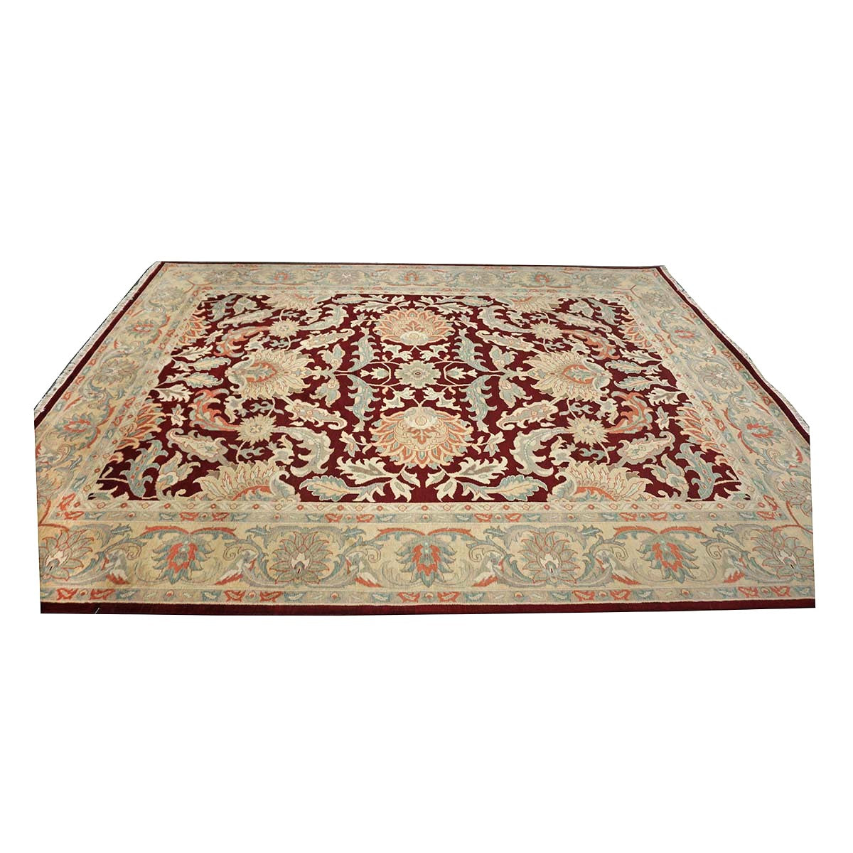 Chinese Oushak Wool 9x12 Burgundy & Tan Handmade Area Rug #1144729