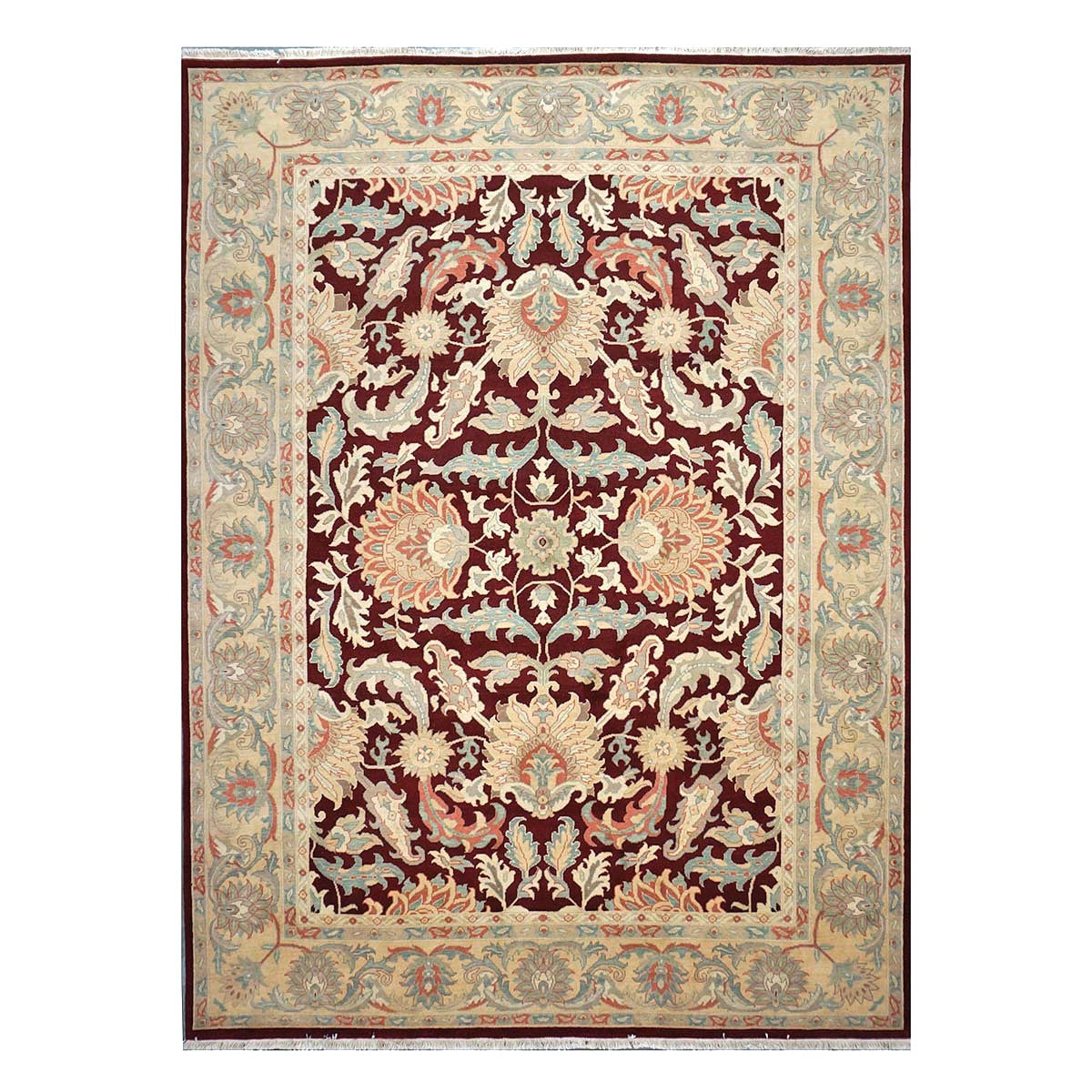 Chinese Oushak Wool 9x12 Burgundy & Tan Handmade Area Rug #1144729