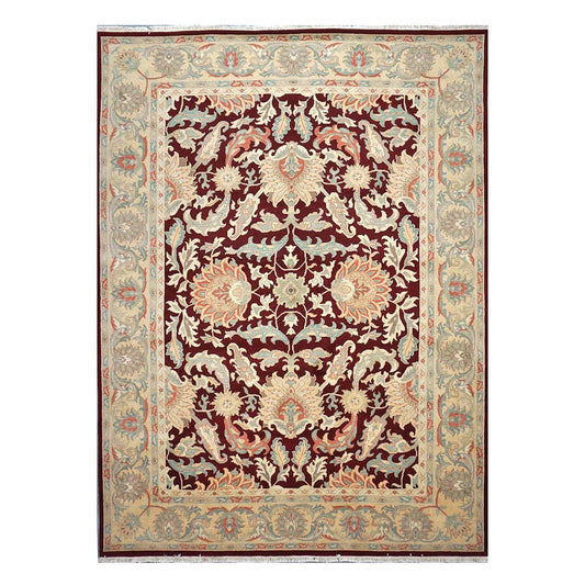 Chinese Oushak Wool 9x12 Burgundy & Tan Handmade Area Rug #1144729
