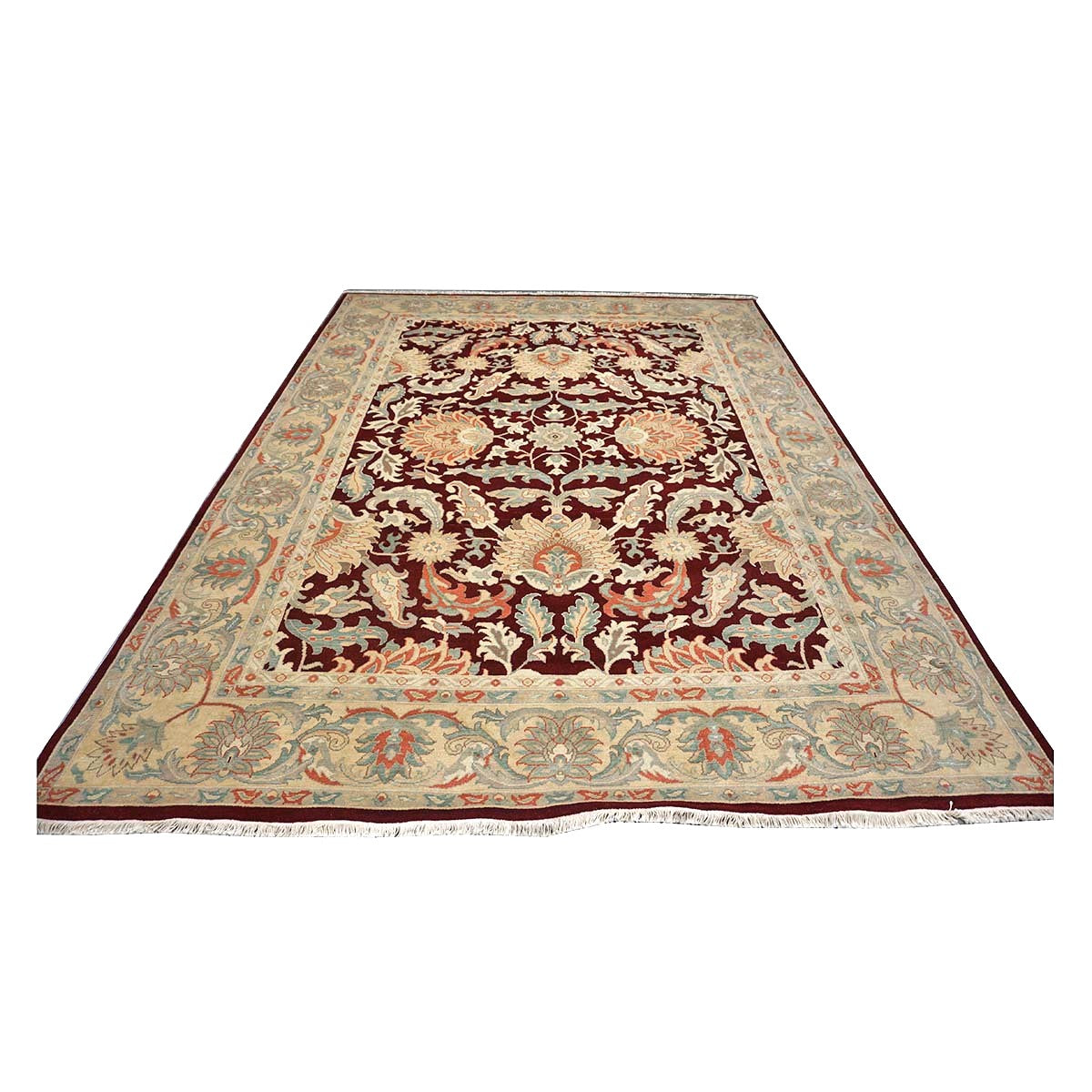Chinese Oushak Wool 9x12 Burgundy & Tan Handmade Area Rug #1144729