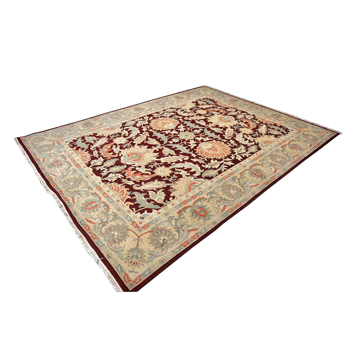 Chinese Oushak Wool 9x12 Burgundy & Tan Handmade Area Rug #1144729