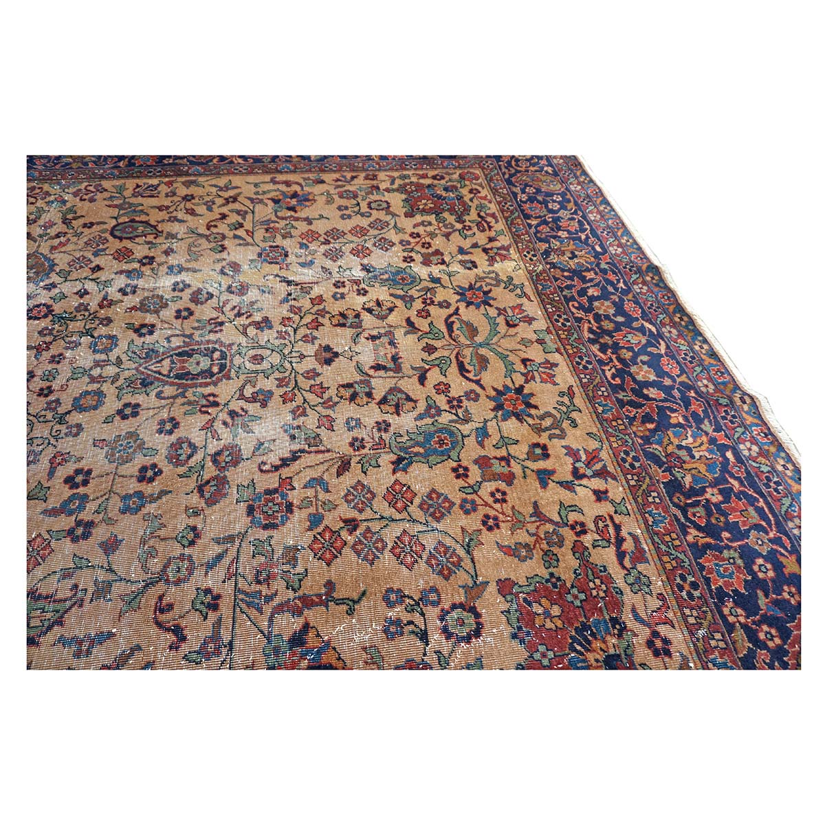 Antique Turkish Sparta Wool 9x12 Tan & Navy Handmade Area Rug # 1144731