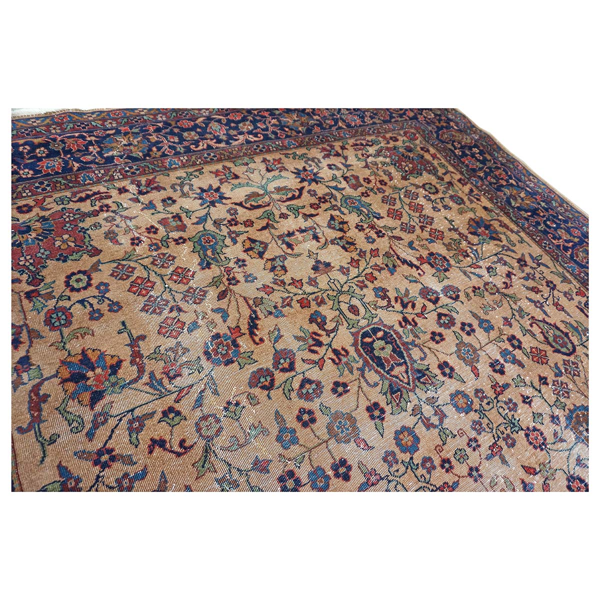 Antique Turkish Sparta Wool 9x12 Tan & Navy Handmade Area Rug # 1144731