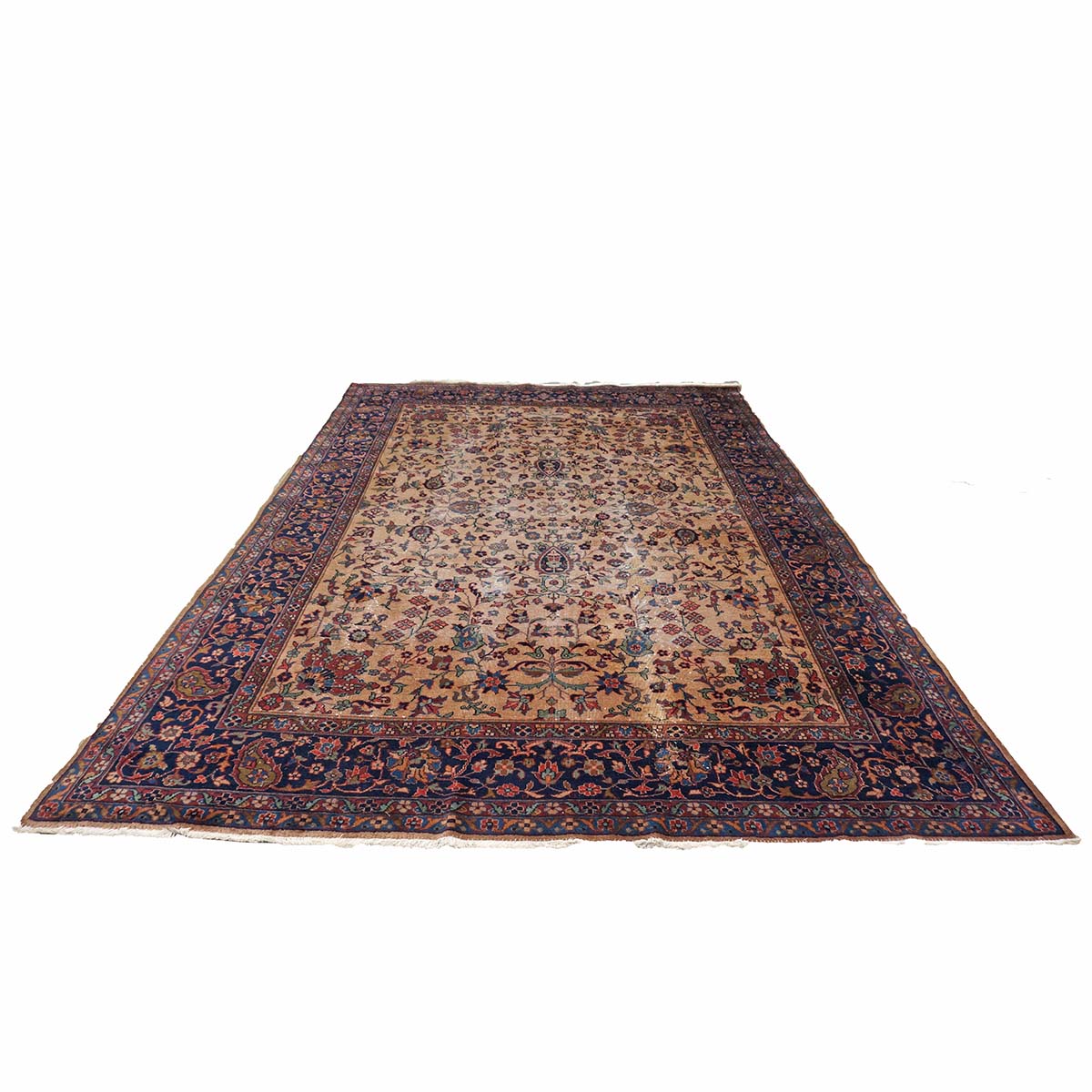 Antique Turkish Sparta Wool 9x12 Tan & Navy Handmade Area Rug # 1144731