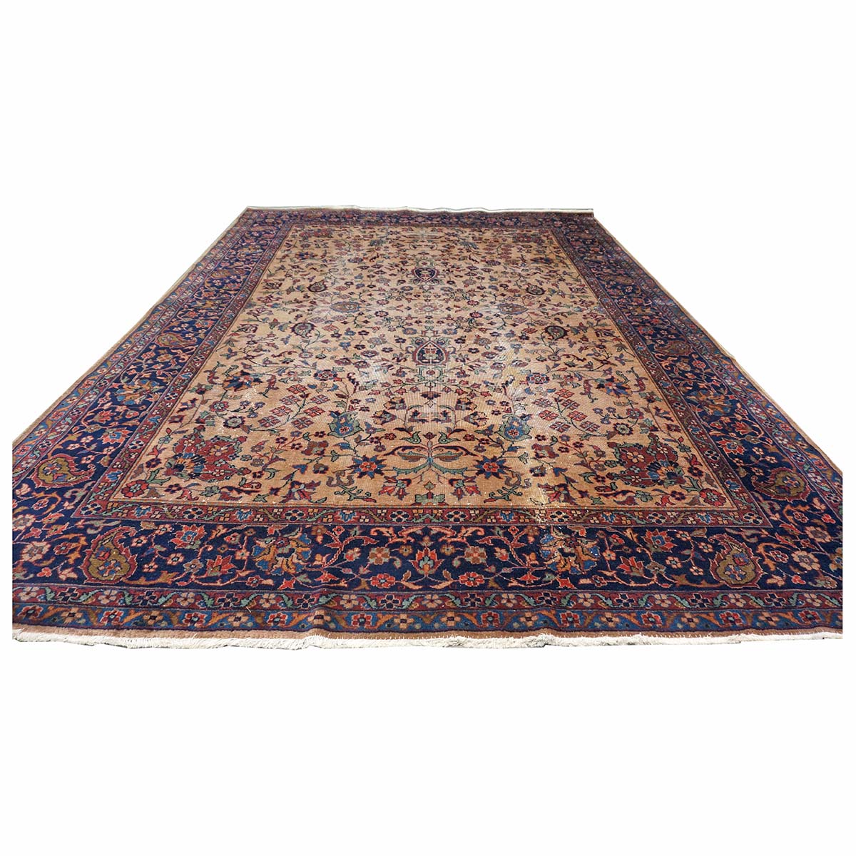 Antique Turkish Sparta Wool 9x12 Tan & Navy Handmade Area Rug # 1144731