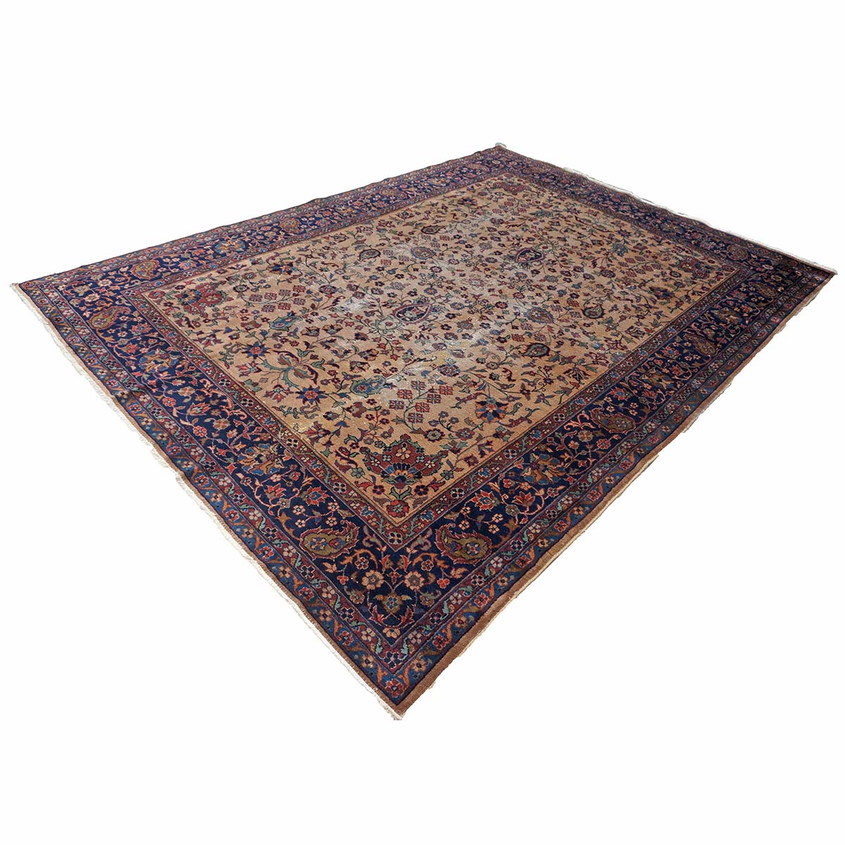 Antique Turkish Sparta Wool 9x12 Tan & Navy Handmade Area Rug # 1144731