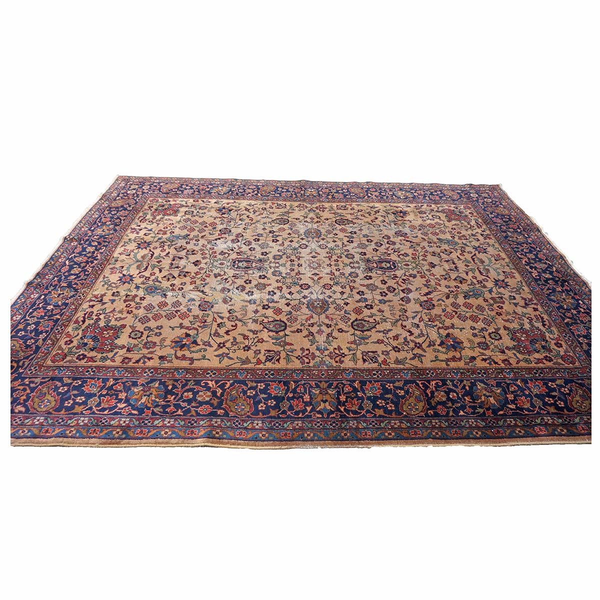 Antique Turkish Sparta Wool 9x12 Tan & Navy Handmade Area Rug # 1144731