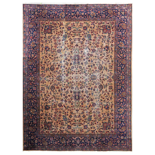 Antique Turkish Sparta Wool 9x12 Tan & Navy Handmade Area Rug # 1144731