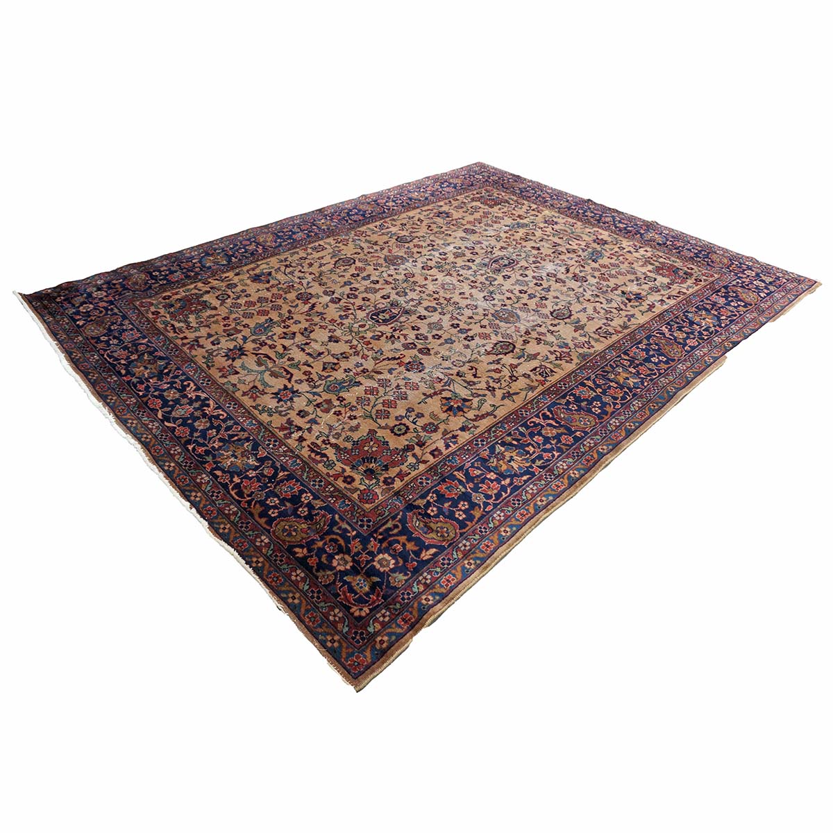 Antique Turkish Sparta Wool 9x12 Tan & Navy Handmade Area Rug # 1144731