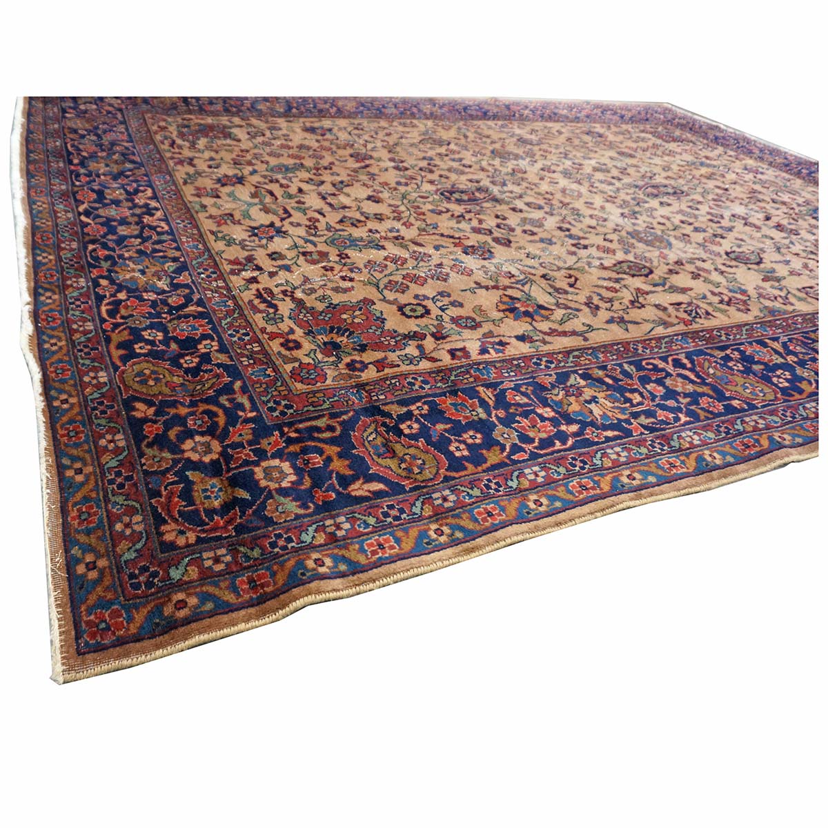 Antique Turkish Sparta Wool 9x12 Tan & Navy Handmade Area Rug # 1144731