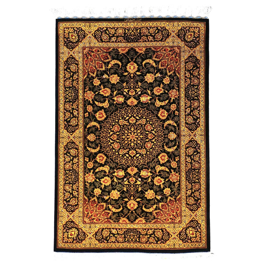 Persian Qum Silk 3x4 Black, Orange & Gold Handmade Throw Rug #1144739