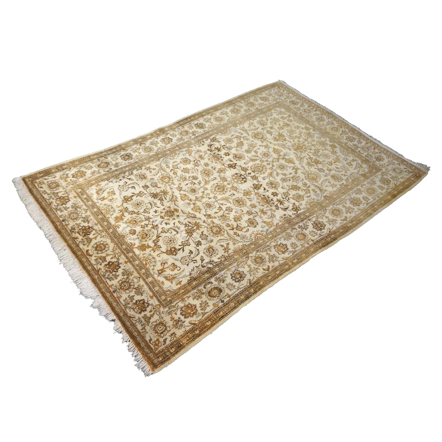 Antique Persian Kashan Wool 4x7 Ivory, Tan & Camel Handmade Area Rug #1144741