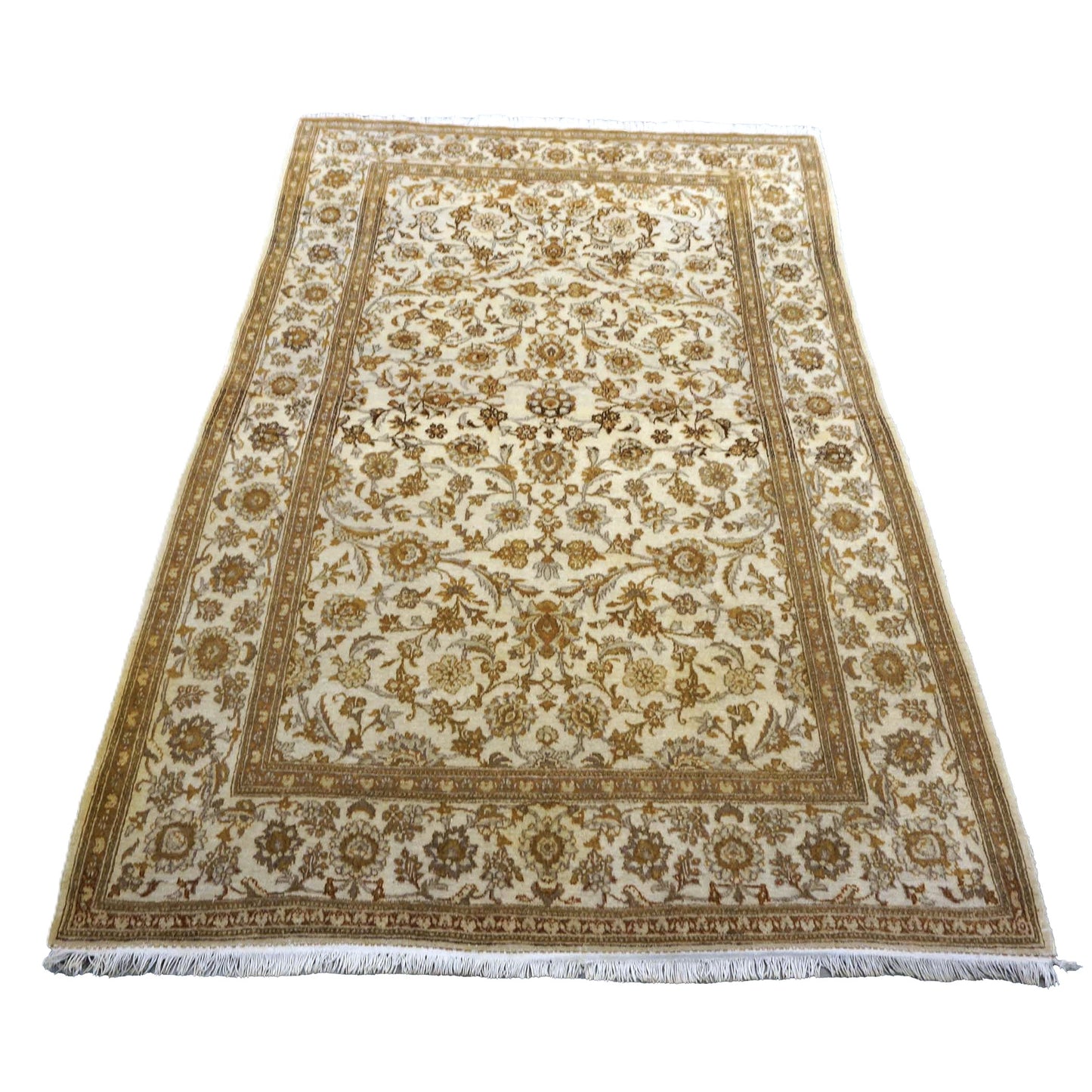 Antique Persian Kashan Wool 4x7 Ivory, Tan & Camel Handmade Area Rug #1144741