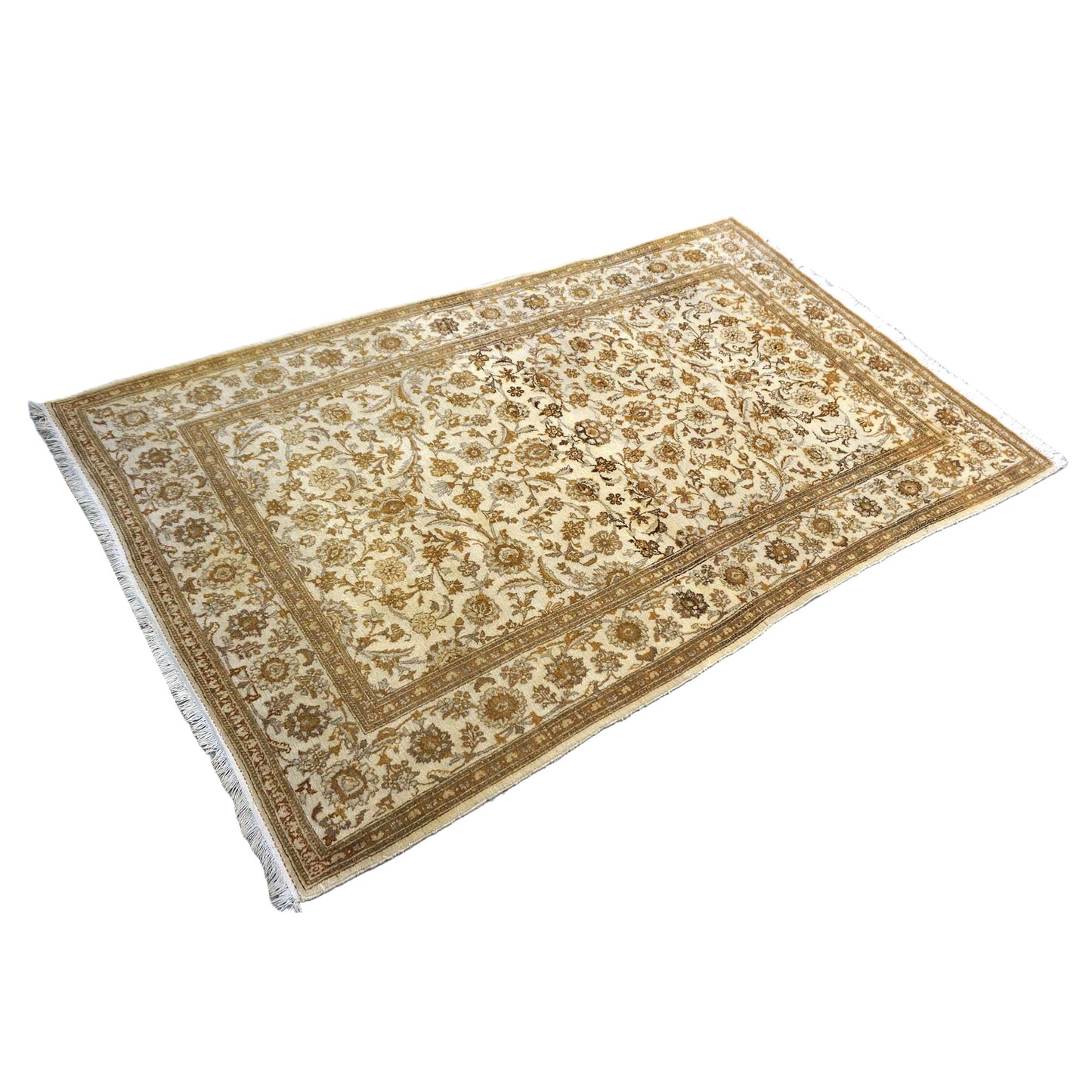 Antique Persian Kashan Wool 4x7 Ivory, Tan & Camel Handmade Area Rug #1144741